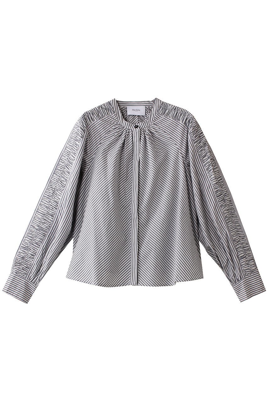 【マーレット/MERLETTE】のTIANA RUCHE STRIPE ラグランスリーブシャツ インテリア・キッズ・メンズ・レディースファッション・服の通販 founy(ファニー) 　ファッション　Fashion　レディースファッション　Fashion for Women　トップス・カットソー　Cut & Sew Tops　シャツ・ブラウス・オフィスカジュアル　Elegant Blouses & Button-Ups　シャーリング　Shirring, Ruched　ストライプ　Stripe, Striped Pattern　スリーブ　Sleeve, Long Sleeve / Short Sleeve　バランス　Balance, Style Balance　ボトム　Bottoms, Lower Wear　ロング　Long, Long-Length　再入荷　Restock / Back in Stock　ネイビー|ID: prp329100004450749 ipo3291000000032731632