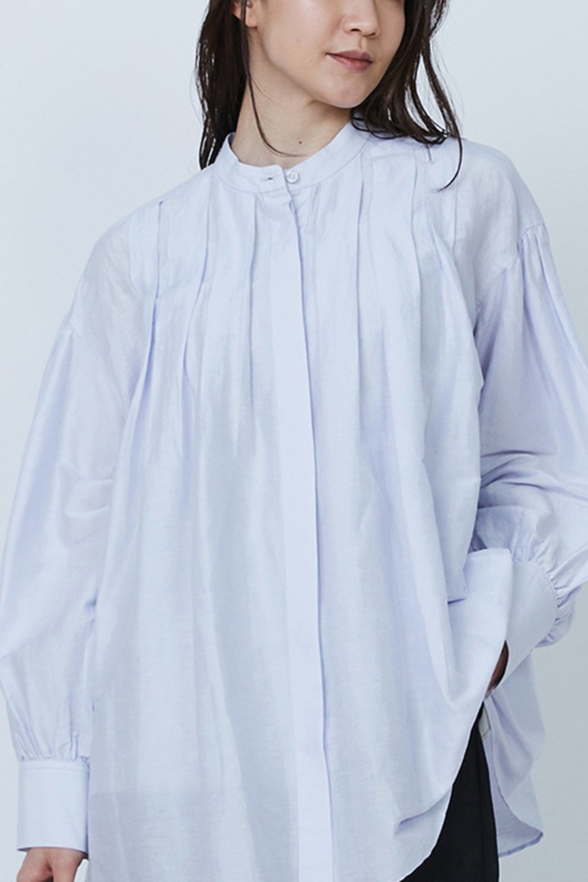 【プルミエ アロンディスモン/1er Arrondissement】のタックバンドカラーシャツ 人気、トレンドファッション・服の通販 founy(ファニー) 　ファッション　Fashion　レディースファッション　Fashion for Women　トップス・カットソー　Cut & Sew Tops　シャツ・ブラウス・オフィスカジュアル　Elegant Blouses & Button-Ups　シンプル　Simple, Minimal　スラックス　Slacks, Dress Pants　スリーブ　Sleeve, Long Sleeve / Short Sleeve　デニム　Denim, Jeans Material　ロング　Long, Long-Length　エレガント 上品　Elegant　other-6|ID: prp329100004450763 ipo3291000000031552171
