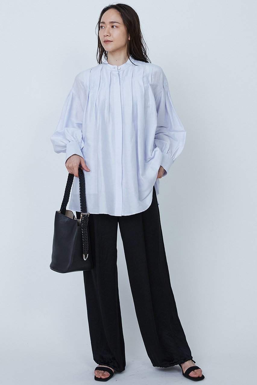 【プルミエ アロンディスモン/1er Arrondissement】のタックバンドカラーシャツ 人気、トレンドファッション・服の通販 founy(ファニー) 　ファッション　Fashion　レディースファッション　Fashion for Women　トップス・カットソー　Cut & Sew Tops　シャツ・ブラウス・オフィスカジュアル　Elegant Blouses & Button-Ups　シンプル　Simple, Minimal　スラックス　Slacks, Dress Pants　スリーブ　Sleeve, Long Sleeve / Short Sleeve　デニム　Denim, Jeans Material　ロング　Long, Long-Length　エレガント 上品　Elegant　other-8|ID: prp329100004450763 ipo3291000000031552173