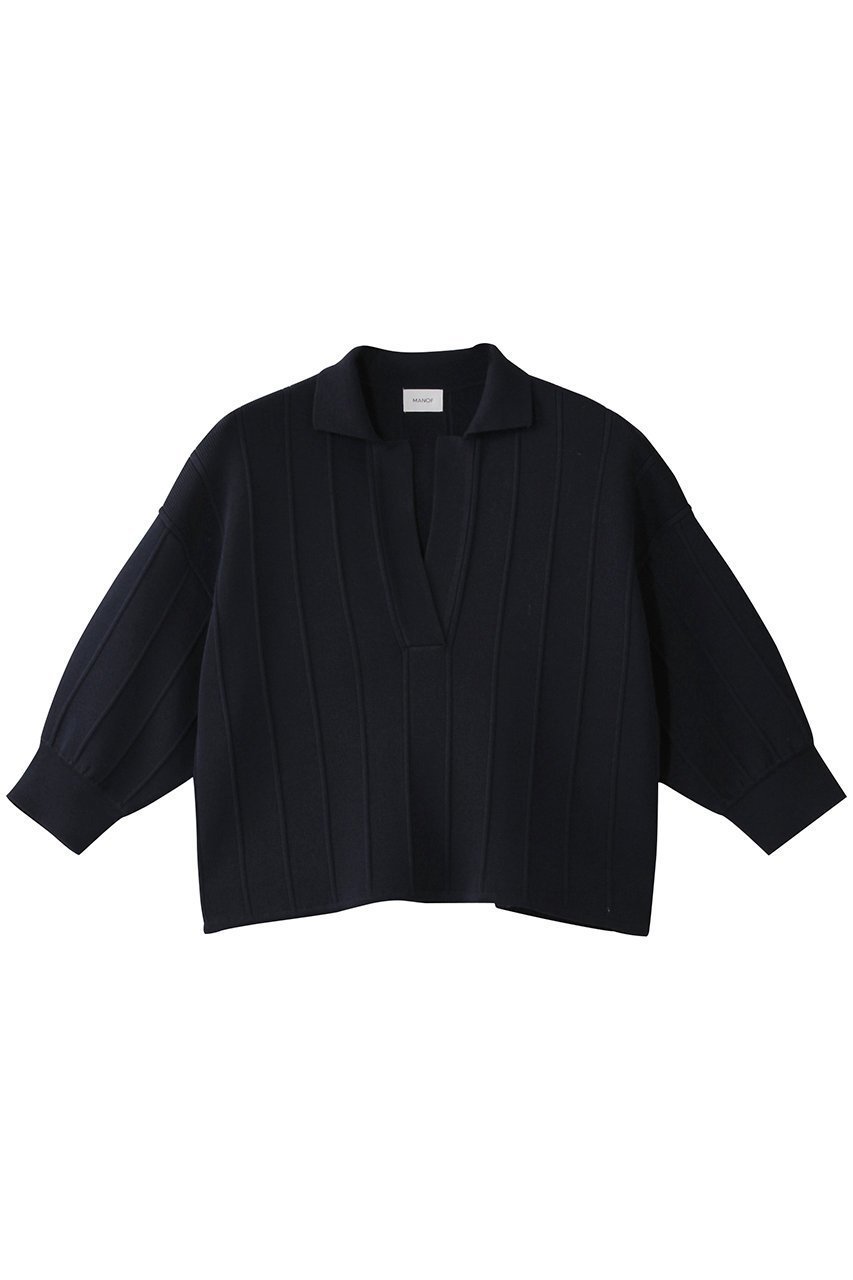 【マノフ/MANOF】のTUCK KNIT SHORT TOPS/ニット インテリア・キッズ・メンズ・レディースファッション・服の通販 founy(ファニー) 　ファッション　Fashion　レディースファッション　Fashion for Women　トップス・カットソー　Cut & Sew Tops　ニット　Knit Tops & Sweaters　カジュアルプルオーバー・ニットトップス　Pullovers & Knit Tops / Casual Pullovers　コンパクト　Compact, Small Size　サマー　Summer, Summer Style　ショート　Short, Short Length　スキッパー　Skipper, Open Collar　スリーブ　Sleeve, Long Sleeve / Short Sleeve　フェミニン　Feminine, Girly　NAVY|ID: prp329100004451748 ipo3291000000032933027