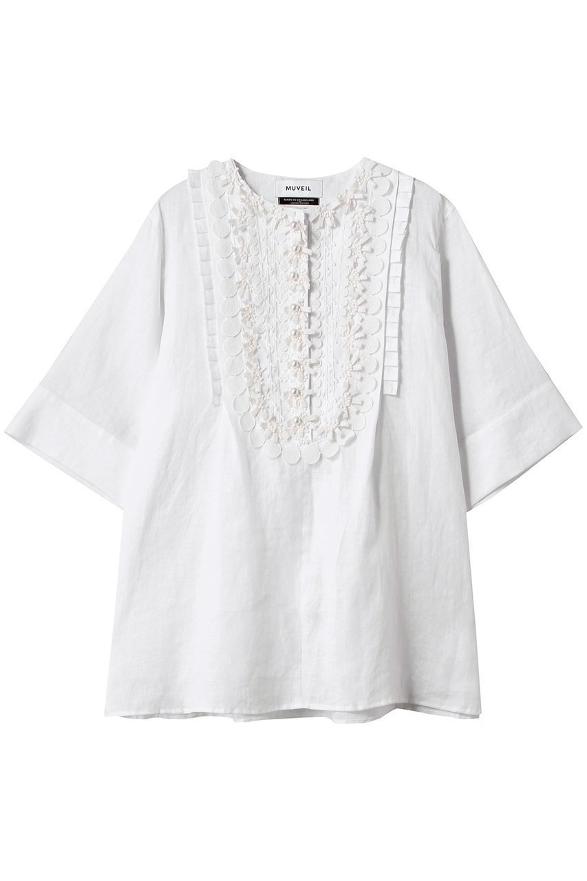 【ミュベール/MUVEIL】のリネンレースチュニックワンピース インテリア・キッズ・メンズ・レディースファッション・服の通販 founy(ファニー) 　ファッション　Fashion　レディースファッション　Fashion for Women　ワンピース　Dresses　チュニック　Tunic Tops & Dresses　トップス・カットソー　Cut & Sew Tops　ショート　Short, Short Length　スリーブ　Sleeve, Long Sleeve / Short Sleeve　チュニック　Tunic, Long Top　ハーフ　Half, Half-Length　フェミニン　Feminine, Girly　フロント　Front, Front Design　リネン　Linen, Linen Fabric　レース　Lace, Lace Fabric　エレガント 上品　Elegant　夏　Summer　春　Spring　S/S・春夏　SS, Spring/Summer, Warm Season　ホワイト|ID: prp329100004452757 ipo3291000000032869843