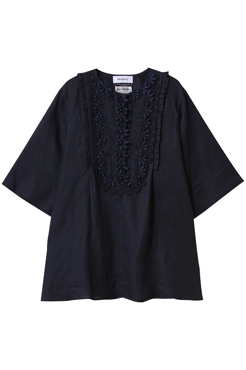 【ミュベール/MUVEIL】のリネンレースチュニックワンピース インテリア・キッズ・メンズ・レディースファッション・服の通販 founy(ファニー) 　ファッション　Fashion　レディースファッション　Fashion for Women　ワンピース　Dresses　チュニック　Tunic Tops & Dresses　トップス・カットソー　Cut & Sew Tops　ショート　Short, Short Length　スリーブ　Sleeve, Long Sleeve / Short Sleeve　チュニック　Tunic, Long Top　ハーフ　Half, Half-Length　フェミニン　Feminine, Girly　フロント　Front, Front Design　リネン　Linen, Linen Fabric　レース　Lace, Lace Fabric　エレガント 上品　Elegant　夏　Summer　春　Spring　S/S・春夏　SS, Spring/Summer, Warm Season　ネイビー|ID: prp329100004452757 ipo3291000000032869849