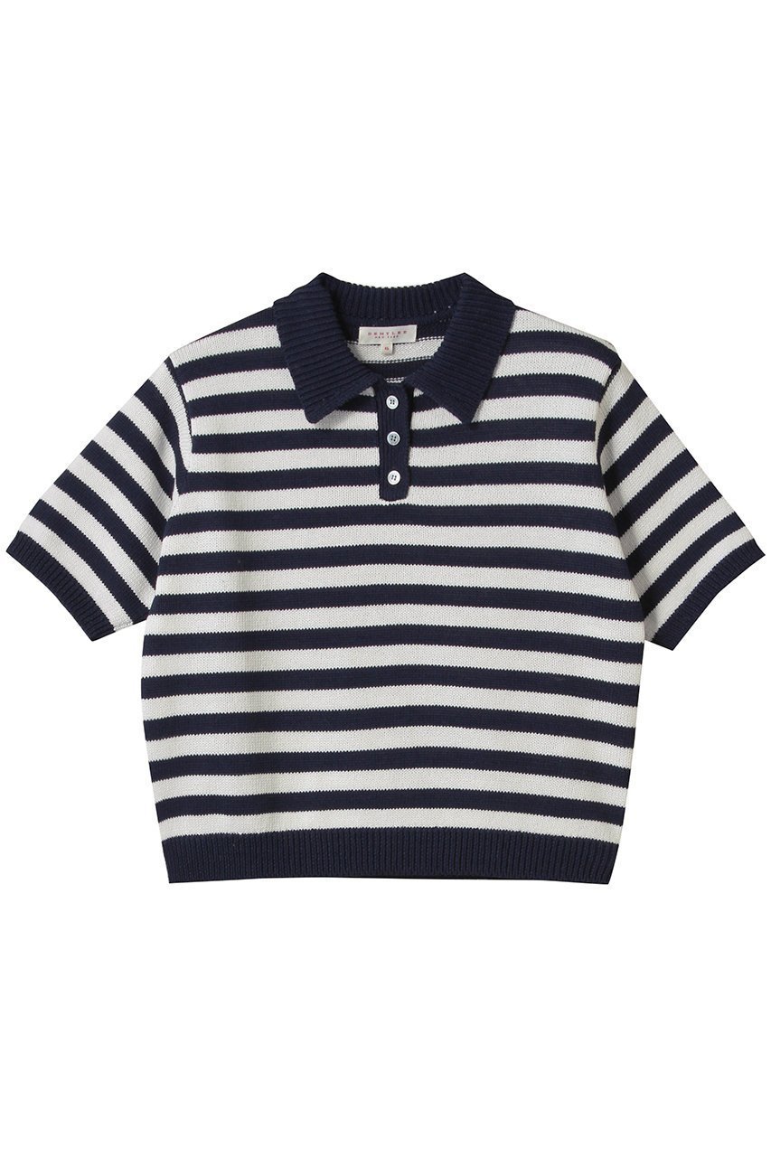 【デミーリー/DEMYLEE】のLUKA STRIPE マーセライズドコットン ニットポロ インテリア・キッズ・メンズ・レディースファッション・服の通販 founy(ファニー) 　ファッション　Fashion　レディースファッション　Fashion for Women　トップス・カットソー　Cut & Sew Tops　ニット　Knit Tops & Sweaters　カジュアルプルオーバー・ニットトップス　Pullovers & Knit Tops / Casual Pullovers　ストライプ　Stripe, Striped Pattern　デニム　Denim, Jeans Material　バランス　Balance, Style Balance　エレガント 上品　Elegant　ネイビー|ID: prp329100004452761 ipo3291000000032933454