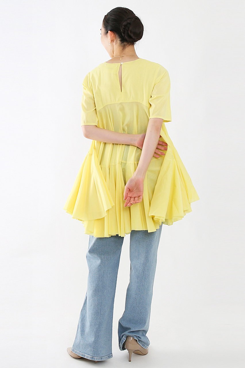 【アユーシ/AAYUSHI】のボリュームフレアハーフスリーブワンピース 人気、トレンドファッション・服の通販 founy(ファニー) 　ファッション　Fashion　レディースファッション　Fashion for Women　ワンピース　Dresses　チュニック　Tunic Tops & Dresses　アクセサリー　Fashion Accessories　シンプル　Simple, Minimal　チュニック　Tunic, Long Top　デニム　Denim, Jeans Material　バランス　Balance, Style Balance　フレア　Flare, Flared　フロント　Front, Front Design　ロング　Long, Long-Length　切替　Switching, Contrast Panel　other-5|ID: prp329100004456314 ipo3291000000032867472