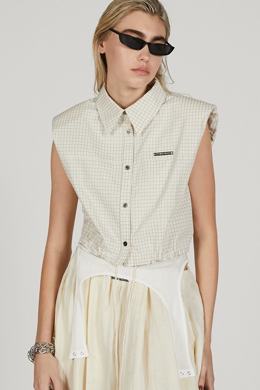 【プランク プロジェクト/PRANK PROJECT】のノースリチェックショートシャツ / Sleeveless Check Short Shirt 人気、トレンドファッション・服の通販 founy(ファニー) 　ファッション　Fashion　レディースファッション　WOMEN　トップス・カットソー　Tops/Tshirt　シャツ/ブラウス　Shirts/Blouses　ロング / Tシャツ　T-Shirts　おすすめ　Recommend　ショルダー　Shoulder　ショート　Short　スポーティ　Sporty　スリーブ　Sleeve　チェック　Check　ドローストリング　Drawstring　モノトーン　Monotone　夏　Summer　NEW・新作・新着・新入荷　New Arrivals　other-8|ID: prp329100004456329 ipo3291000000031323926