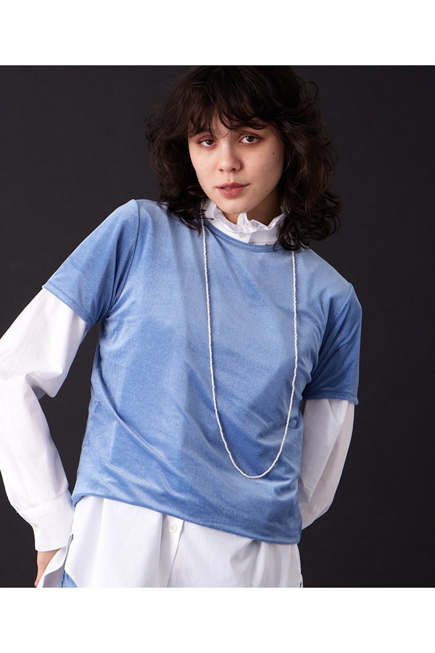 【ウィムガゼット/Whim Gazette】の【THE PAUSE】ベロアコンパクトTシャツ インテリア・キッズ・メンズ・レディースファッション・服の通販 founy(ファニー) 　ファッション　Fashion　レディースファッション　Fashion for Women　トップス・カットソー　Cut & Sew Tops　シャツ・ブラウス・オフィスカジュアル　Elegant Blouses & Button-Ups　ロングTシャツ・Tシャツ　Longline T-Shirts & Tees　カットソー・ベーシックTシャツ　Cut-and-Sewn Tops / Stretch Tees & Basics　ベロアトップス　Velour Tops / Velvet-Look Items　コンパクト　Compact, Small Size　ショート　Short, Short Length　シンプル　Simple, Minimal　ストレッチ　Stretch, Stretchy Fabric　スリーブ　Sleeve, Long Sleeve / Short Sleeve　ベロア　Velour, Soft Velvet　ブルー|ID: prp329100004456348 ipo3291000000032848625