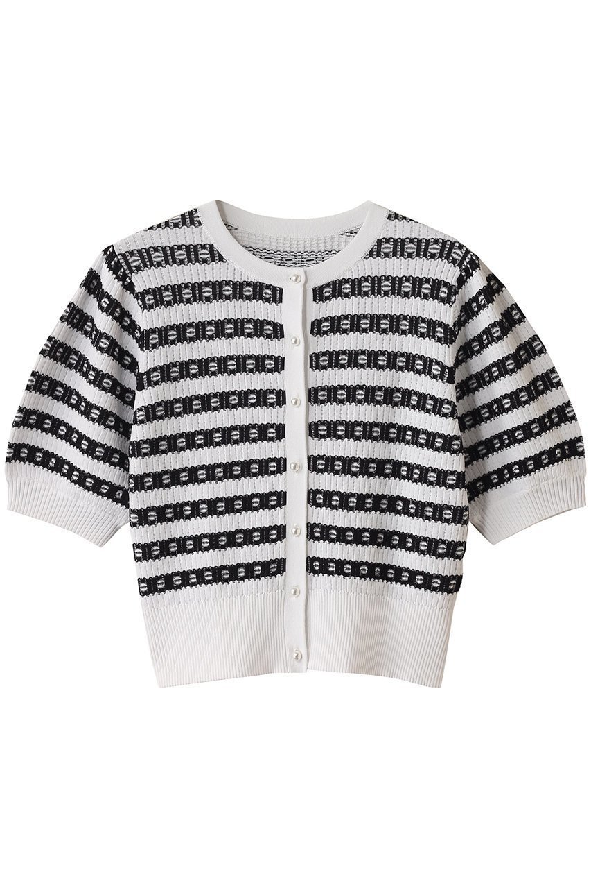 【アルアバイル/allureville】の【LOULOU WILLOUGHBY】リボンボーダーカーディガン インテリア・キッズ・メンズ・レディースファッション・服の通販 founy(ファニー) 　ファッション　Fashion　レディースファッション　WOMEN　トップス・カットソー　Tops/Tshirt　ニット　Knit Tops　カーディガン　Cardigans　カーディガン　Cardigan　スリーブ　Sleeve　バランス　Balance　パール　Pearl　フロント　Front　リボン　Ribbon　エレガント 上品　Elegant　半袖　Short Sleeve　ブラック系|ID: prp329100004456431 ipo3291000000031661040