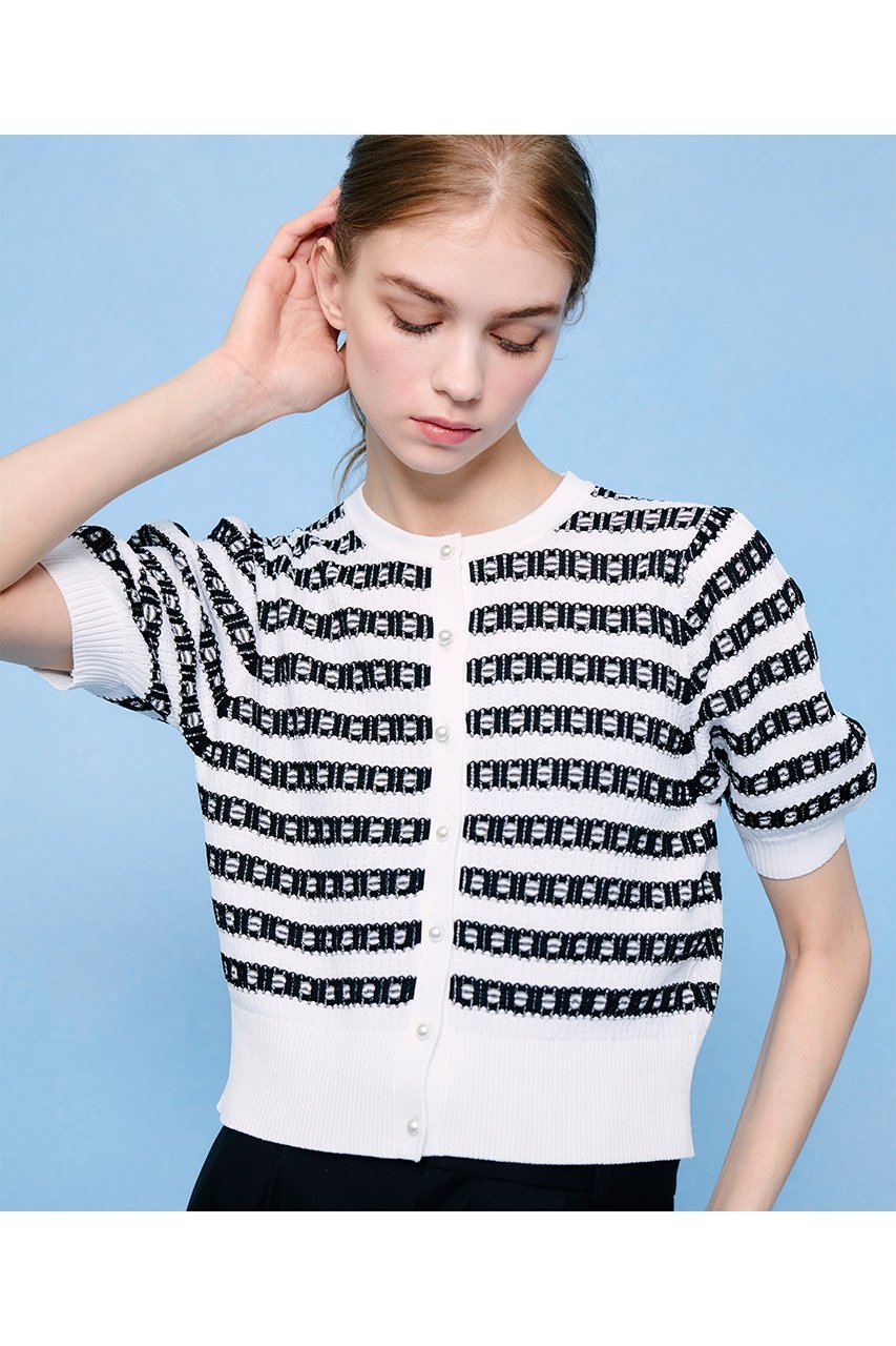 【アルアバイル/allureville】の【LOULOU WILLOUGHBY】リボンボーダーカーディガン 人気、トレンドファッション・服の通販 founy(ファニー) 　ファッション　Fashion　レディースファッション　Fashion for Women　トップス・カットソー　Cut & Sew Tops　ニット　Knit Tops & Sweaters　カーディガン・羽織り　Layered Style Cardigans　カーディガン　Cardigan, Knitwear　スリーブ　Sleeve, Long Sleeve / Short Sleeve　バランス　Balance, Style Balance　パール　Pearl, Pearl Accent　フロント　Front, Front Design　リボン　Ribbon, Bow　エレガント 上品　Elegant　半袖　Short Sleeve, Half Sleeve　other-6|ID: prp329100004456431 ipo3291000000032932162