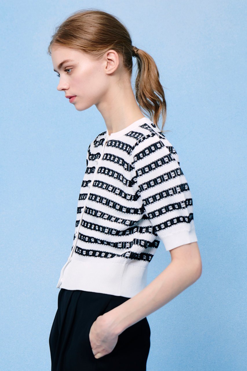 【アルアバイル/allureville】の【LOULOU WILLOUGHBY】リボンボーダーカーディガン 人気、トレンドファッション・服の通販 founy(ファニー) 　ファッション　Fashion　レディースファッション　Fashion for Women　トップス・カットソー　Cut & Sew Tops　ニット　Knit Tops & Sweaters　カーディガン・羽織り　Layered Style Cardigans　カーディガン　Cardigan, Knitwear　スリーブ　Sleeve, Long Sleeve / Short Sleeve　バランス　Balance, Style Balance　パール　Pearl, Pearl Accent　フロント　Front, Front Design　リボン　Ribbon, Bow　エレガント 上品　Elegant　半袖　Short Sleeve, Half Sleeve　other-7|ID: prp329100004456431 ipo3291000000032932169