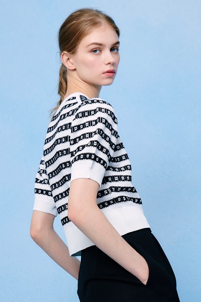 【アルアバイル/allureville】の【LOULOU WILLOUGHBY】リボンボーダーカーディガン 人気、トレンドファッション・服の通販 founy(ファニー) 　ファッション　Fashion　レディースファッション　Fashion for Women　トップス・カットソー　Cut & Sew Tops　ニット　Knit Tops & Sweaters　カーディガン・羽織り　Layered Style Cardigans　カーディガン　Cardigan, Knitwear　スリーブ　Sleeve, Long Sleeve / Short Sleeve　バランス　Balance, Style Balance　パール　Pearl, Pearl Accent　フロント　Front, Front Design　リボン　Ribbon, Bow　エレガント 上品　Elegant　半袖　Short Sleeve, Half Sleeve　other-8|ID: prp329100004456431 ipo3291000000032932179