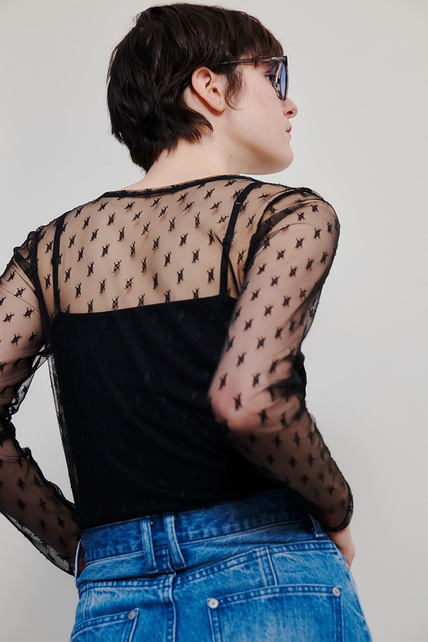 【アルアバイル/allureville】の幾何柄チュールトップス 人気、トレンドファッション・服の通販 founy(ファニー) 　ファッション　Fashion　レディースファッション　WOMEN　トップス・カットソー　Tops/Tshirt　シャツ/ブラウス　Shirts/Blouses　ロング / Tシャツ　T-Shirts　カットソー　Cut and Sewn　キャミソール　Camisole　シンプル　Simple　スリーブ　Sleeve　タンク　Tank　チュール　Tulle　トレンド　Trend　フィット　Fit　フェミニン　Feminine　ロング　Long　夏　Summer　春　Spring　S/S・春夏　Ss・Spring/Summer　other-7|ID: prp329100004457650 ipo3291000000031617486