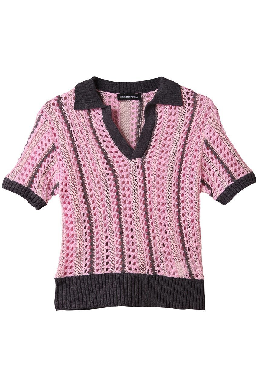 【メゾンスペシャル/MAISON SPECIAL】のStriped Knit Shirt/ストライプニットシャツ インテリア・キッズ・メンズ・レディースファッション・服の通販 founy(ファニー) 　ファッション　Fashion　レディースファッション　Fashion for Women　トップス・カットソー　Cut & Sew Tops　ニット　Knit Tops & Sweaters　シャツ・ブラウス・オフィスカジュアル　Elegant Blouses & Button-Ups　ロングTシャツ・Tシャツ　Longline T-Shirts & Tees　コンパクト　Compact, Small Size　ショート　Short, Short Length　ストライプ　Stripe, Striped Pattern　スリーブ　Sleeve, Long Sleeve / Short Sleeve　タンク　Tank Top, Sleeveless Top　ポロシャツ　Polo Shirt, Collared Tee　夏　Summer　PNK(ピンク)|ID: prp329100004464616 ipo3291000000032836862