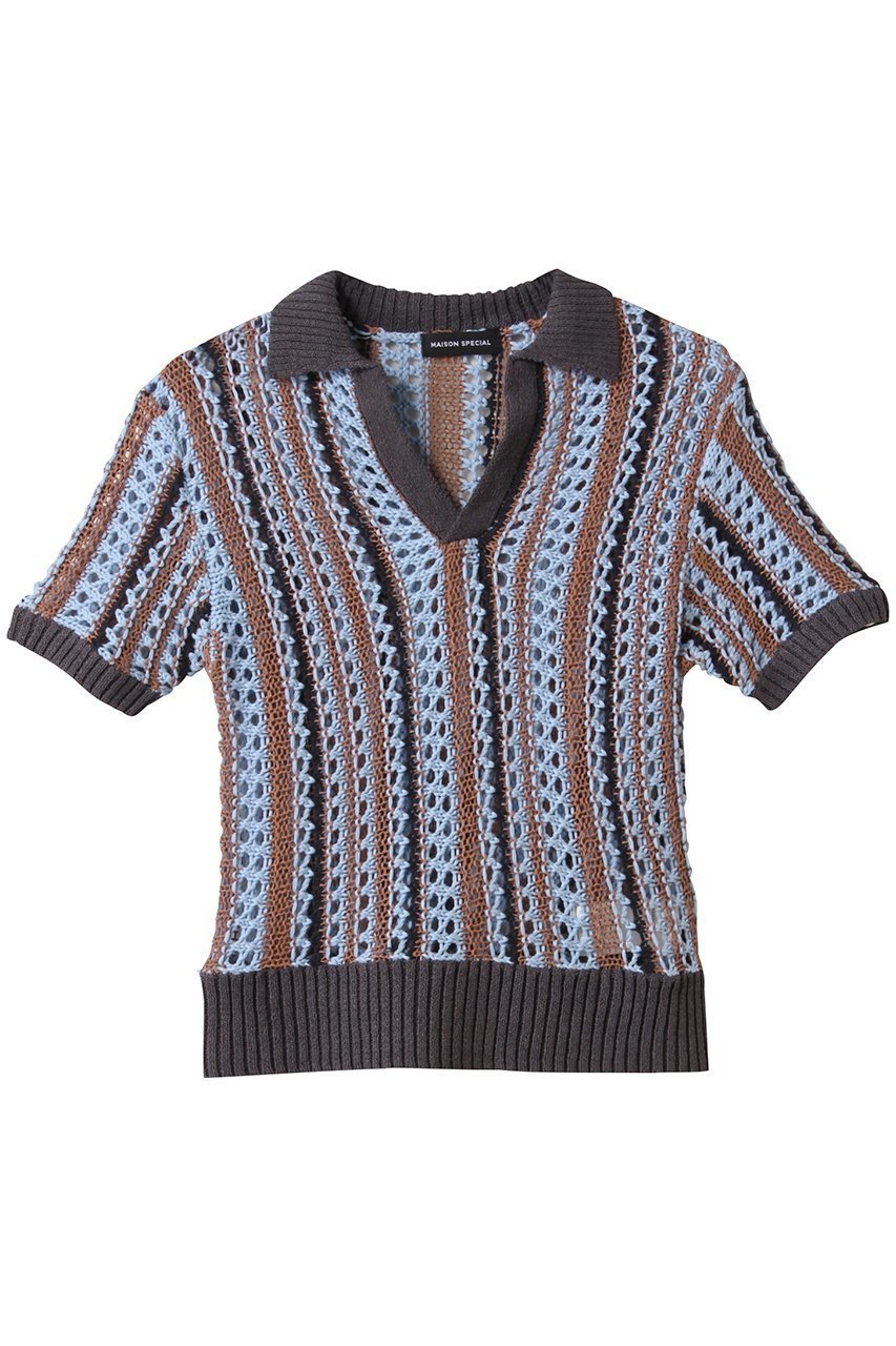 【メゾンスペシャル/MAISON SPECIAL】のStriped Knit Shirt/ストライプニットシャツ インテリア・キッズ・メンズ・レディースファッション・服の通販 founy(ファニー) 　ファッション　Fashion　レディースファッション　Fashion for Women　トップス・カットソー　Cut & Sew Tops　ニット　Knit Tops & Sweaters　シャツ・ブラウス・オフィスカジュアル　Elegant Blouses & Button-Ups　ロングTシャツ・Tシャツ　Longline T-Shirts & Tees　コンパクト　Compact, Small Size　ショート　Short, Short Length　ストライプ　Stripe, Striped Pattern　スリーブ　Sleeve, Long Sleeve / Short Sleeve　タンク　Tank Top, Sleeveless Top　ポロシャツ　Polo Shirt, Collared Tee　夏　Summer　BLU(ブルー)|ID: prp329100004464616 ipo3291000000032836869