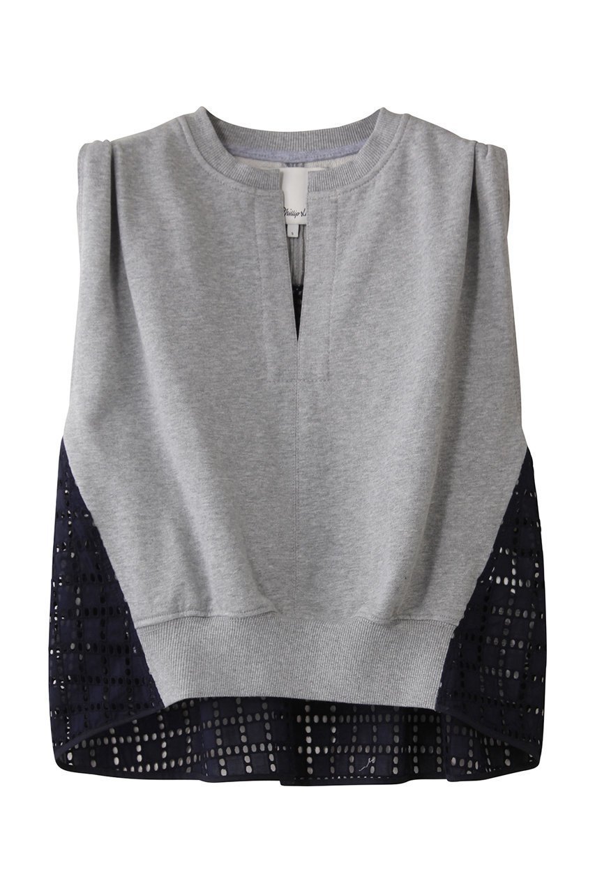 【スリーワン フィリップリム/3.1 Phillip Lim】のBRODERIE ANGLAISE フレンチテリー ノースリーブ コンビトップス インテリア・キッズ・メンズ・レディースファッション・服の通販 founy(ファニー) 　ファッション　Fashion　レディースファッション　Fashion for Women　トップス・カットソー　Cut & Sew Tops　キャミソール&ノースリーブ　Camisoles & Sleeveless Tops　シャツ・ブラウス・オフィスカジュアル　Elegant Blouses & Button-Ups　ロングTシャツ・Tシャツ　Longline T-Shirts & Tees　カットソー・ベーシックTシャツ　Cut-and-Sewn Tops / Stretch Tees & Basics　ショート　Short, Short Length　スリット　Slit, Slit Detail　スリーブ　Sleeve, Long Sleeve / Short Sleeve　ノースリーブ　Sleeveless, No-Sleeve　フレンチ　French, French Style　モダン　Modern, Contemporary　グレー/ネイビー|ID: prp329100004465575 ipo3291000000032795997