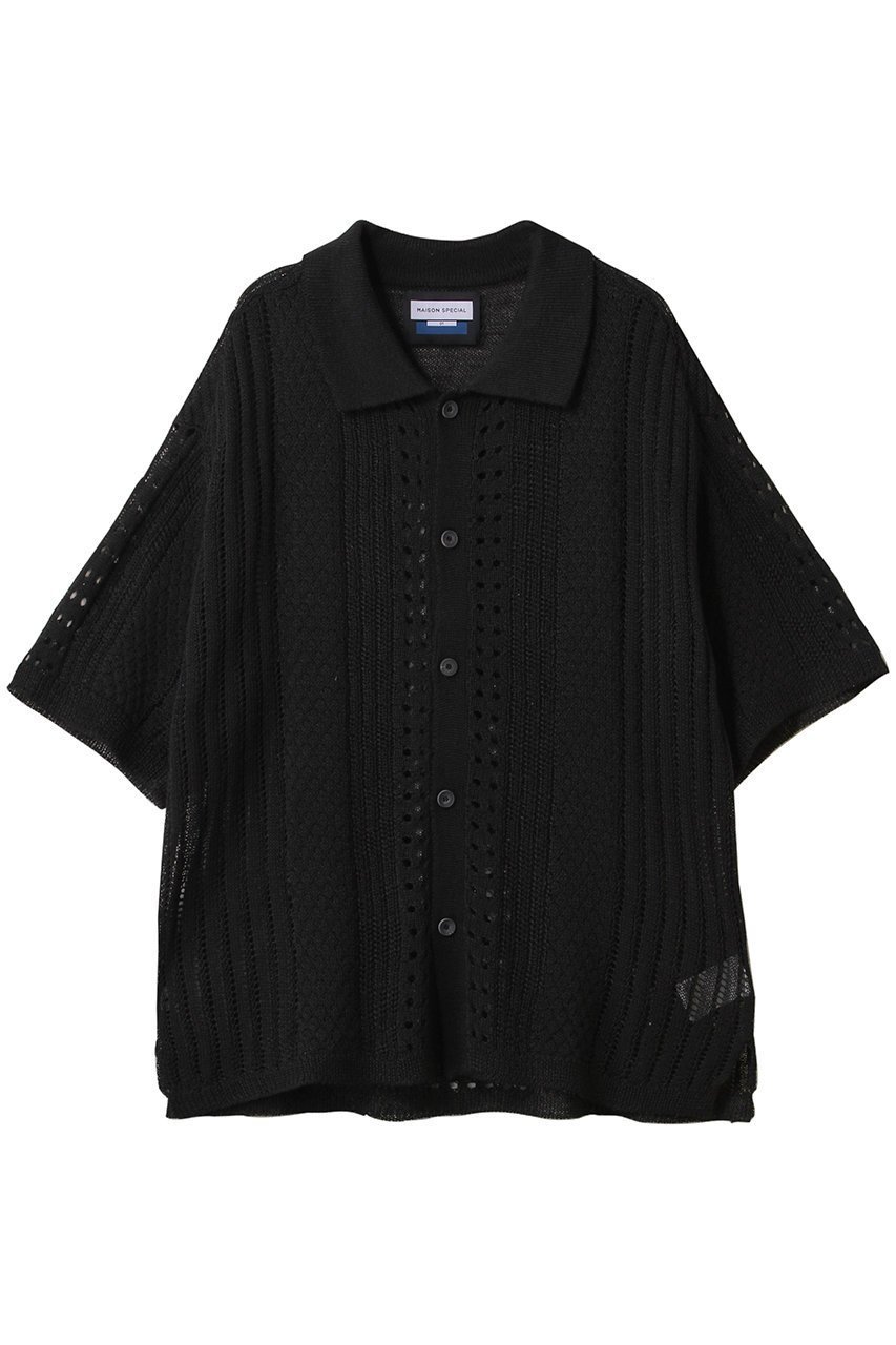 【メゾンスペシャル/MAISON SPECIAL】の【UNISEX】ニット半袖シャツ インテリア・キッズ・メンズ・レディースファッション・服の通販 founy(ファニー) 　ファッション　Fashion　レディースファッション　Fashion for Women　トップス・カットソー　Cut & Sew Tops　ニット　Knit Tops & Sweaters　シャツ・ブラウス・オフィスカジュアル　Elegant Blouses & Button-Ups　ユニセックス　Unisex, Genderless　おすすめ　Recommended / Our Picks　インナー　Innerwear　ショート　Short, Short Length　スリーブ　Sleeve, Long Sleeve / Short Sleeve　エレガント 上品　Elegant　半袖　Short Sleeve, Half Sleeve　夏　Summer　透かし　Cut-Out, Lacework　BLK(ブラック)|ID: prp329100004468940 ipo3291000000032838820