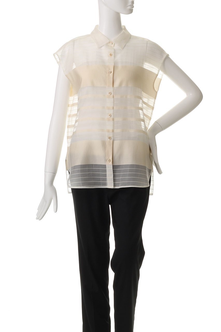 【エブール/ebure】のシアーボーダー ノースリーブシャツ 人気、トレンドファッション・服の通販 founy(ファニー) 　ファッション　Fashion　レディースファッション　Fashion for Women　トップス・カットソー　Cut & Sew Tops　キャミソール&ノースリーブ　Camisoles & Sleeveless Tops　シャツ・ブラウス・オフィスカジュアル　Elegant Blouses & Button-Ups　オーガンジー　Organza Fabric　シアー　Sheer, See-Through　シルク　Silk, 100% Silk　シンプル　Simple, Minimal　ノースリーブ　Sleeveless, No-Sleeve　ボトム　Bottoms, Lower Wear　ボーダー　Border, Stripe　ランダム　Random, Irregular　other-2|ID: prp329100004472596 ipo3291000000032841494