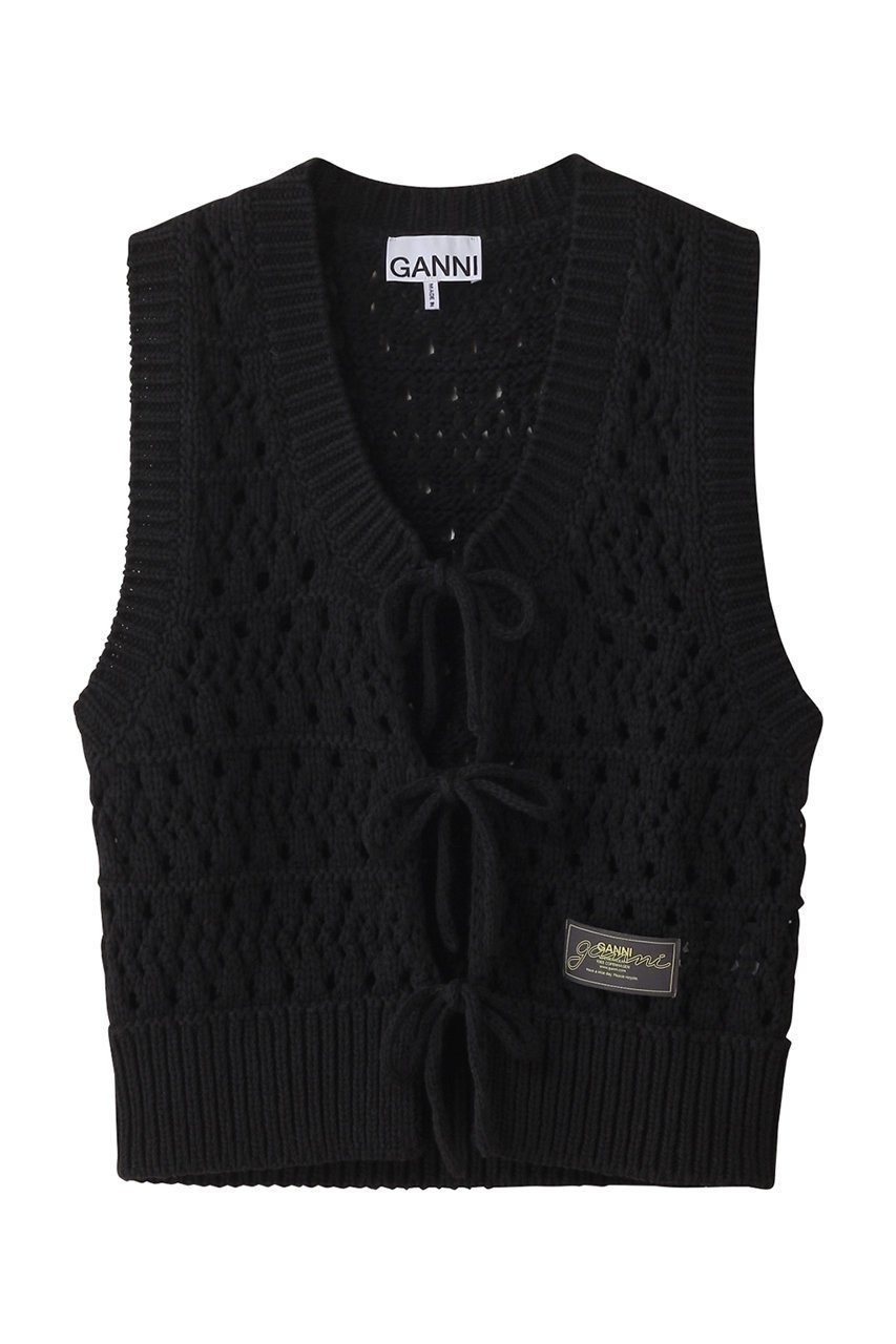 【ガニー/GANNI】のCotton Mix Tie String ベスト インテリア・キッズ・メンズ・レディースファッション・服の通販 founy(ファニー) 　ファッション　Fashion　レディースファッション　Fashion for Women　トップス・カットソー　Cut & Sew Tops　ニット　Knit Tops & Sweaters　カーディガン・羽織り　Layered Style Cardigans　ベスト&ジレ / 重ね着スタイル　Vests & Gilets　カーディガン　Cardigan, Knitwear　コンパクト　Compact, Small Size　ストリング　String, Drawstring　フェミニン　Feminine, Girly　ベスト　Vest, Waistcoat　ミックス　Mix, Mixed Style　リラックス　Relax, Relaxed Fit　夏　Summer　春　Spring　S/S・春夏　SS, Spring/Summer, Warm Season　透かし　Cut-Out, Lacework　ブラック|ID: prp329100004472636 ipo3291000000032931606