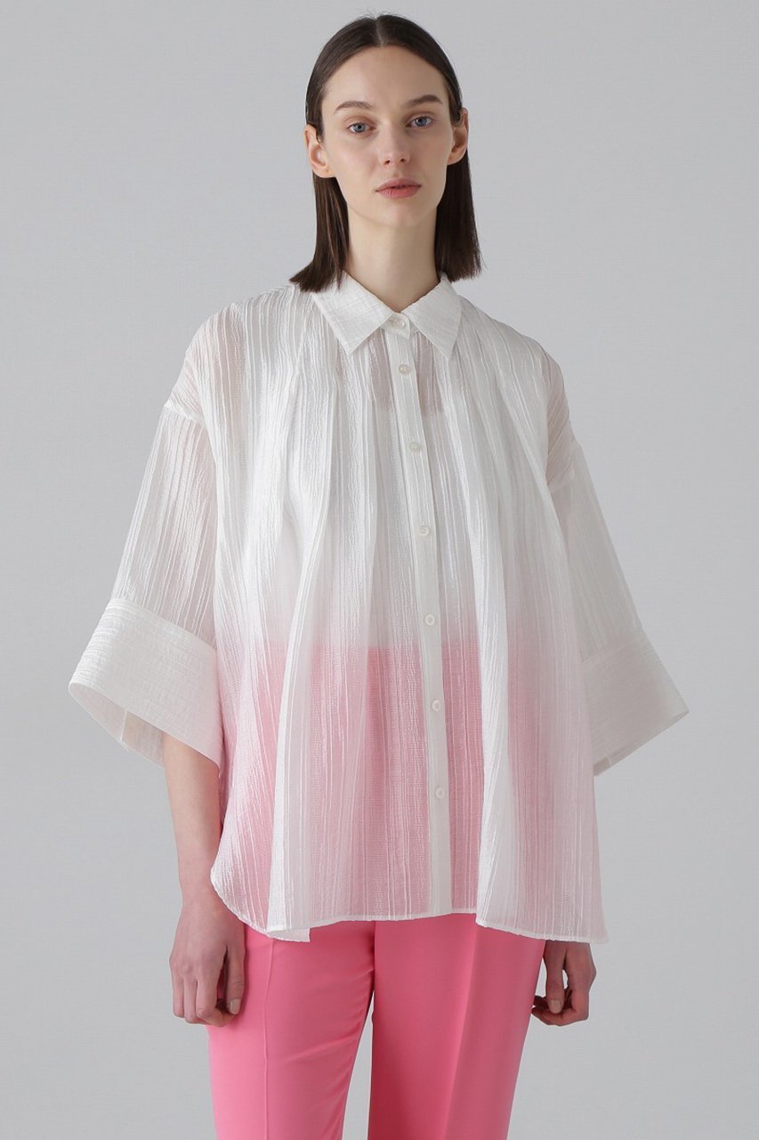 【アドーア/ADORE】のワッシャーシアータックブラウス インテリア・キッズ・メンズ・レディースファッション・服の通販 founy(ファニー) 　ファッション　Fashion　レディースファッション　Fashion for Women　トップス・カットソー　Cut & Sew Tops　シャツ・ブラウス・オフィスカジュアル　Elegant Blouses & Button-Ups　シアー　Sheer, See-Through　ショート　Short, Short Length　ジャカード／ジャガード　Jacquard, Woven Pattern　ストライプ　Stripe, Striped Pattern　スリーブ　Sleeve, Long Sleeve / Short Sleeve　フォルム　Silhouette, Form　フレア　Flare, Flared　フロント　Front, Front Design　ルーズ　Loose, Oversized　ワッシャー　Washer, Crinkled Finish　ホワイト|ID: prp329100004475019 ipo3291000000032812736