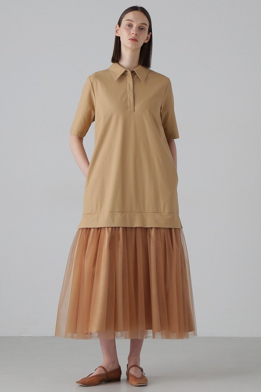 【アドーア/ADORE】のメモリートリコットワンピース インテリア・キッズ・メンズ・レディースファッション・服の通販 founy(ファニー) 　ファッション　Fashion　レディースファッション　Fashion for Women　ワンピース　Dresses　チュニック　Tunic Tops & Dresses　チュニック　Tunic, Long Top　チュール　Tulip, Tulip Motif　ドッキング　Docking, Mixed Material　パターン　Pattern, Design Print　ポロシャツ　Polo Shirt, Collared Tee　ロング　Long, Long-Length　エレガント 上品　Elegant　ベージュ|ID: prp329100004475029 ipo3291000000034990994