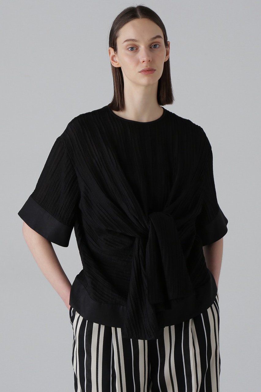 【アドーア/ADORE】のワッシャーシアーリボンブラウス インテリア・キッズ・メンズ・レディースファッション・服の通販 founy(ファニー) 　ファッション　Fashion　レディースファッション　Fashion for Women　トップス・カットソー　Cut & Sew Tops　シャツ・ブラウス・オフィスカジュアル　Elegant Blouses & Button-Ups　ショート　Short, Short Length　ジャカード／ジャガード　Jacquard, Woven Pattern　ストライプ　Stripe, Striped Pattern　スリーブ　Sleeve, Long Sleeve / Short Sleeve　フェミニン　Feminine, Girly　フロント　Front, Front Design　リボン　Ribbon, Bow　ワッシャー　Washer, Crinkled Finish　ブラック|ID: prp329100004475111 ipo3291000000032907838