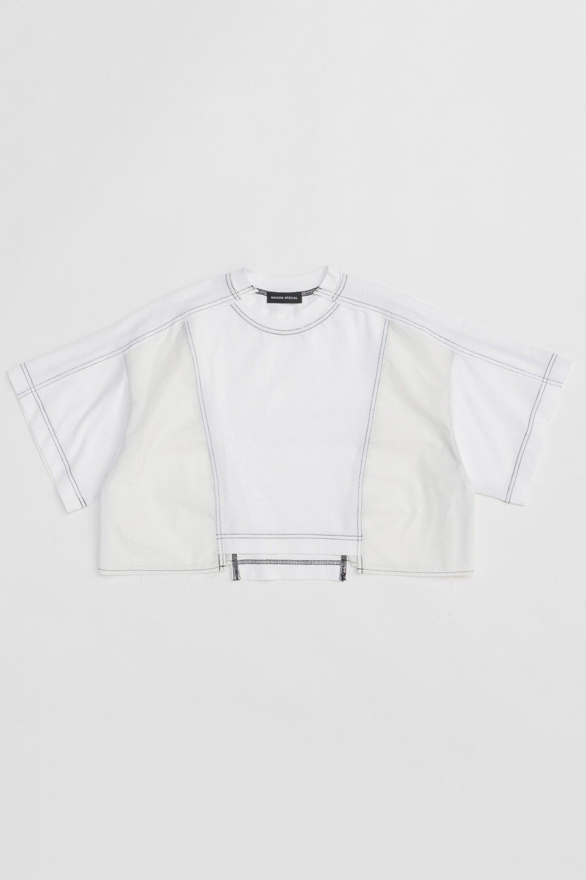 【メゾンスペシャル/MAISON SPECIAL】のDocking Crash Short T-shirt/ドッキングクラッシュショートTシャツ インテリア・キッズ・メンズ・レディースファッション・服の通販 founy(ファニー) 　ファッション　Fashion　レディースファッション　WOMEN　トップス・カットソー　Tops/Tshirt　シャツ/ブラウス　Shirts/Blouses　ロング / Tシャツ　T-Shirts　カットソー　Cut and Sewn　クラッシュ　Crash　クロップド　Cropped　コンビ　Combination　ショート　Short　スリム　Slim　スリーブ　Sleeve　ダメージ　Damage　ドッキング　Docking　バスク　Basque　バランス　Balance　ワイド　Wide　夏　Summer　エレガント 上品　Elegant　WHT(ホワイト)|ID: prp329100004475161 ipo3291000000031550422