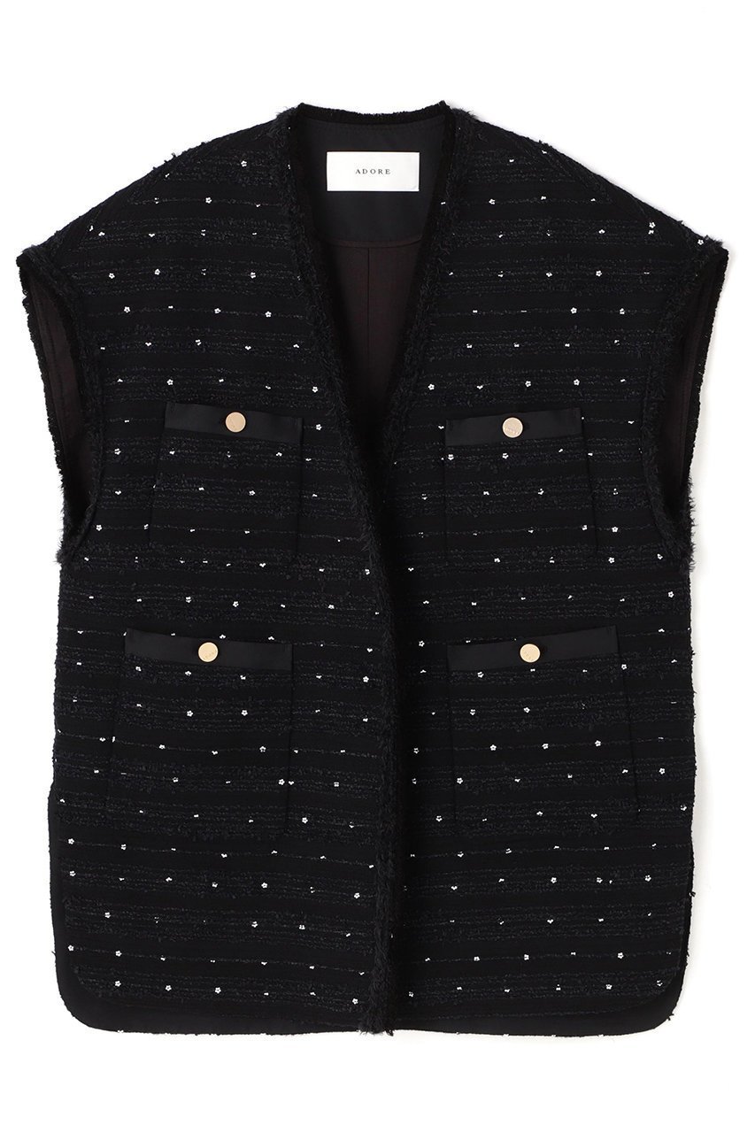 【アドーア/ADORE】のフラワースパングルツィードジャケット インテリア・キッズ・メンズ・レディースファッション・服の通販 founy(ファニー) 　ファッション　Fashion　レディースファッション　Fashion for Women　アウター　Coat / Outerwear Collection　レディースジャケット・軽アウター　Jackets　インナー　Innerwear　クラシック　Classic, Timeless Style　シンプル　Simple, Minimal　ジャケット　Jacket, Outerwear　スパンコール　Sequins, Sequin Embellishment　ツイード　Twill, Twill Weave　パッチ　Patch, Appliqué　フラワー　Flower, Floral　ボトム　Bottoms, Lower Wear　ポケット　Pocket, Pocket Detail　ラウンド　Round, Round Neck　ルーズ　Loose, Oversized　ブラック|ID: prp329100004477215 ipo3291000000032950248