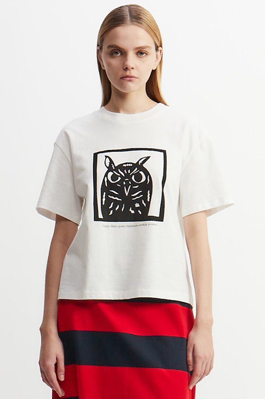 【プレインピープル/PLAIN PEOPLE】のミミズクプリントTシャツ インテリア・キッズ・メンズ・レディースファッション・服の通販 founy(ファニー) 　ファッション　Fashion　レディースファッション　Fashion for Women　トップス・カットソー　Cut & Sew Tops　シャツ・ブラウス・オフィスカジュアル　Elegant Blouses & Button-Ups　ロングTシャツ・Tシャツ　Longline T-Shirts & Tees　カットソー・ベーシックTシャツ　Cut-and-Sewn Tops / Stretch Tees & Basics　クロップド　Cropped, Short Length　ショート　Short, Short Length　シンプル　Simple, Minimal　スリーブ　Sleeve, Long Sleeve / Short Sleeve　デニム　Denim, Jeans Material　バランス　Balance, Style Balance　プリント　Print, Printed Pattern　エレガント 上品　Elegant　ホワイト|ID: prp329100004480667 ipo3291000000032792384