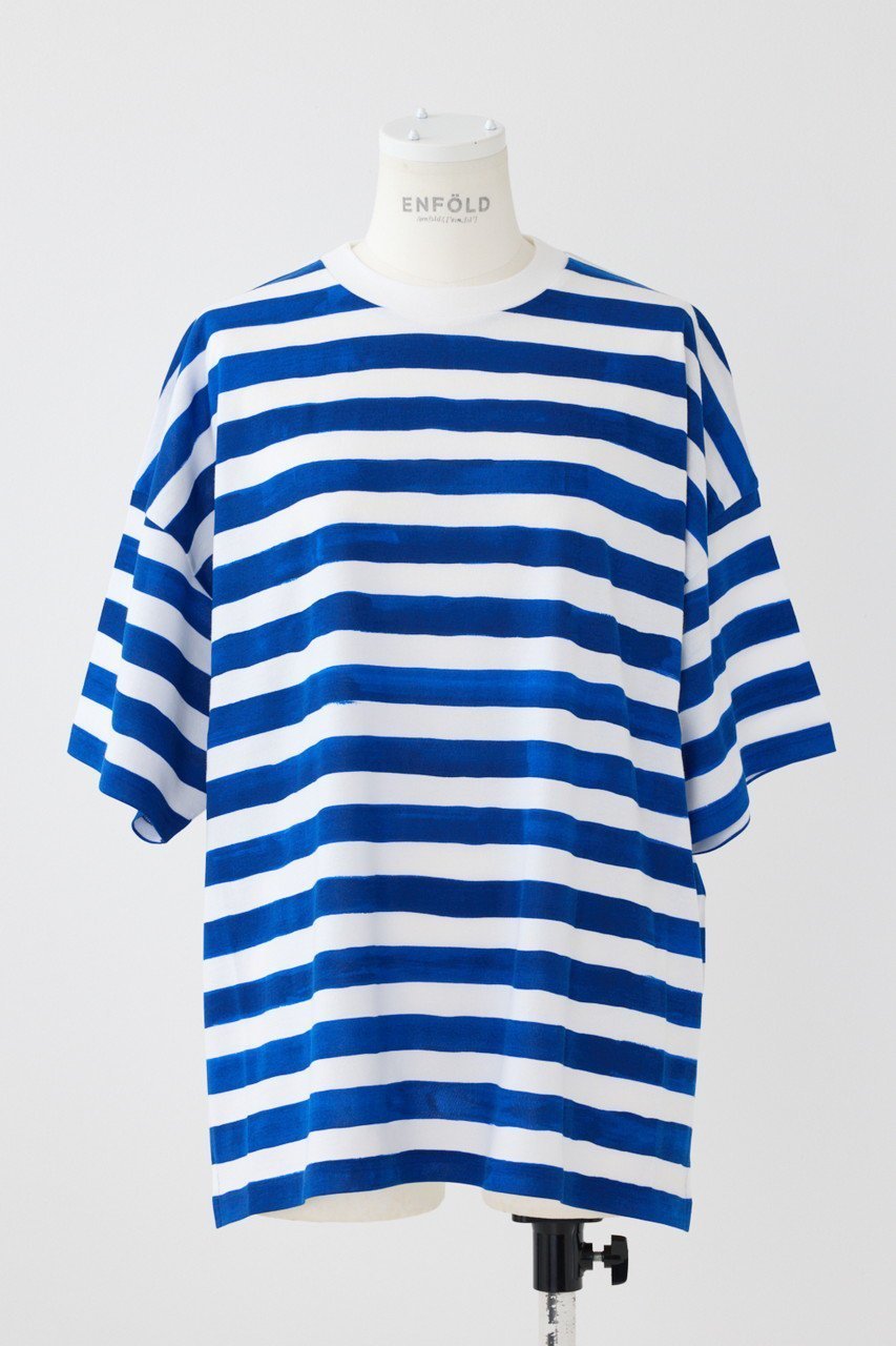 【エンフォルド/ENFOLD】のHand Paintボーダー T/SH Tシャツ インテリア・キッズ・メンズ・レディースファッション・服の通販 founy(ファニー) 　ファッション　Fashion　レディースファッション　Fashion for Women　トップス・カットソー　Cut & Sew Tops　シャツ・ブラウス・オフィスカジュアル　Elegant Blouses & Button-Ups　ロングTシャツ・Tシャツ　Longline T-Shirts & Tees　カットソー・ベーシックTシャツ　Cut-and-Sewn Tops / Stretch Tees & Basics　ショート　Short, Short Length　スリット　Slit, Slit Detail　スリーブ　Sleeve, Long Sleeve / Short Sleeve　プリント　Print, Printed Pattern　ボーダー　Border, Stripe　手描き　Hand-Drawn, Illustrated　ブルー|ID: prp329100004482877 ipo3291000000032850957