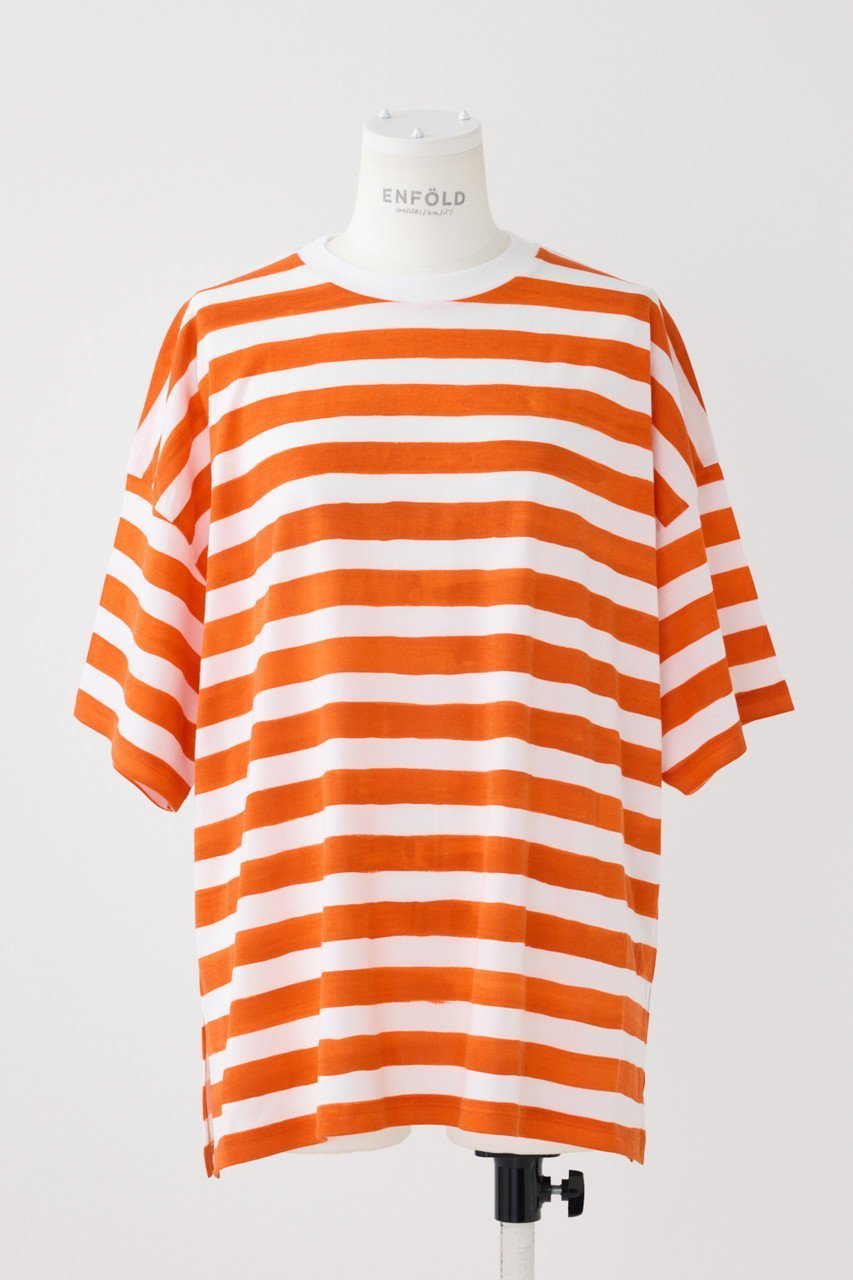 【エンフォルド/ENFOLD】のHand Paintボーダー T/SH Tシャツ インテリア・キッズ・メンズ・レディースファッション・服の通販 founy(ファニー) 　ファッション　Fashion　レディースファッション　Fashion for Women　トップス・カットソー　Cut & Sew Tops　シャツ・ブラウス・オフィスカジュアル　Elegant Blouses & Button-Ups　ロングTシャツ・Tシャツ　Longline T-Shirts & Tees　カットソー・ベーシックTシャツ　Cut-and-Sewn Tops / Stretch Tees & Basics　ショート　Short, Short Length　スリット　Slit, Slit Detail　スリーブ　Sleeve, Long Sleeve / Short Sleeve　プリント　Print, Printed Pattern　ボーダー　Border, Stripe　手描き　Hand-Drawn, Illustrated　オレンジ|ID: prp329100004482877 ipo3291000000032850963