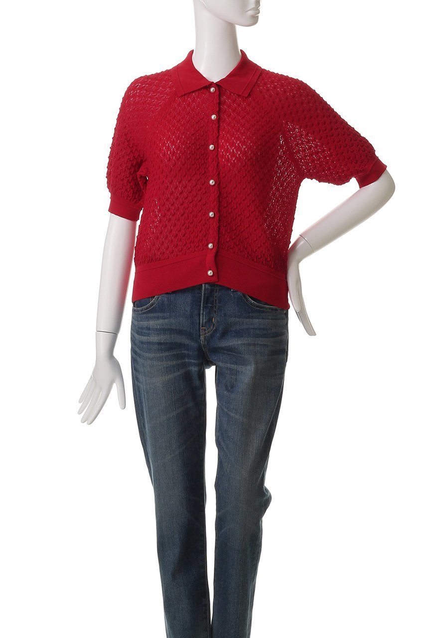 【マリリンムーン/MARILYN MOON】のダイヤモンドオープンワークポロニットカーディガン 人気、トレンドファッション・服の通販 founy(ファニー) 　ファッション　Fashion　レディースファッション　Fashion for Women　トップス・カットソー　Cut & Sew Tops　ニット　Knit Tops & Sweaters　カーディガン・羽織り　Layered Style Cardigans　おすすめ　Recommended / Our Picks　カーディガン　Cardigan, Knitwear　クロップド　Cropped, Short Length　サマー　Summer, Summer Style　シアー　Sheer, See-Through　デニム　Denim, Jeans Material　夏　Summer　other-2|ID: prp329100004482928 ipo3291000000032786670
