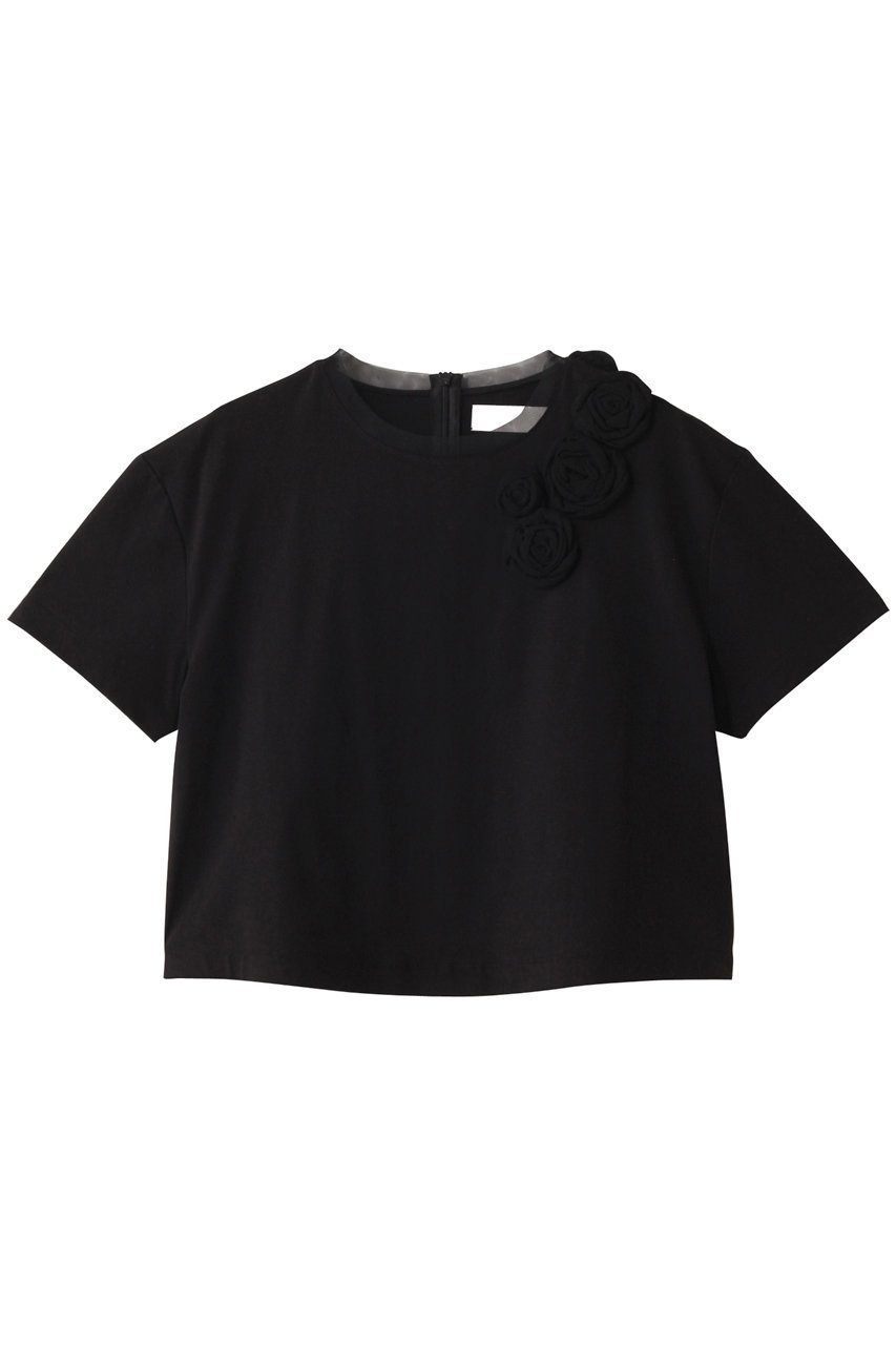 【マリリンムーン/MARILYN MOON】のデコラティブカットソーフラワーモチーフTシャツ インテリア・キッズ・メンズ・レディースファッション・服の通販 founy(ファニー) 　ファッション　Fashion　レディースファッション　Fashion for Women　トップス・カットソー　Cut & Sew Tops　シャツ・ブラウス・オフィスカジュアル　Elegant Blouses & Button-Ups　ロングTシャツ・Tシャツ　Longline T-Shirts & Tees　カットソー・ベーシックTシャツ　Cut-and-Sewn Tops / Stretch Tees & Basics　花柄・フラワープリント・モチーフ　Floral Prints & Motifs / Flower Pattern Tops　おすすめ　Recommended / Our Picks　エレガント 上品　Elegant　クロップド　Cropped, Short Length　サテン　Satin, Glossy Fabric　ショート　Short, Short Length　スリーブ　Sleeve, Long Sleeve / Short Sleeve　チュール　Tulip, Tulip Motif　デニム　Denim, Jeans Material　バランス　Balance, Style Balance　フラワー　Flower, Floral　メッシュ　Mesh, Net Fabric　モチーフ　Motif, Design Theme　ワイド　Wide, Wide Fit　ブラック|ID: prp329100004482931 ipo3291000000032853631