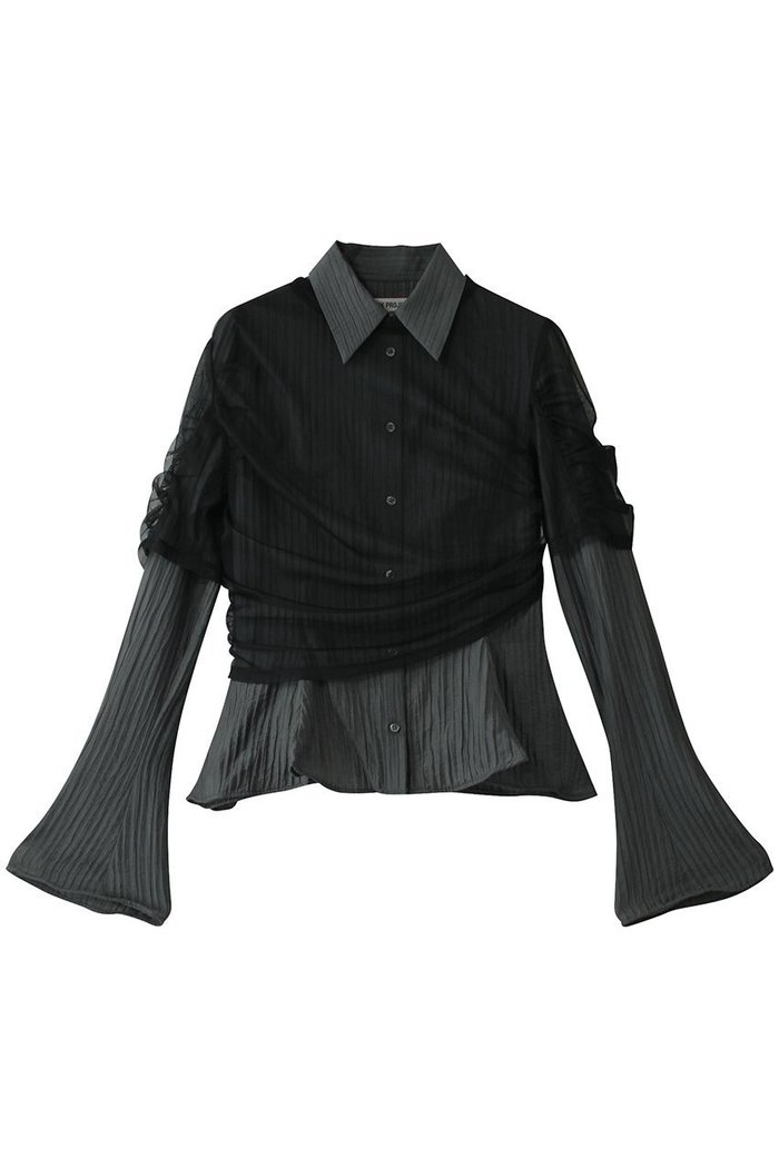 【プランク プロジェクト/PRANK PROJECT】のチュールレイヤードフリルヘムジャガードシャツ / Tulle layered ruffle hem fabric shirt インテリア・キッズ・メンズ・レディースファッション・服の通販 founy(ファニー) https://founy.com/ ファッション Fashion レディースファッション Fashion for Women トップス・カットソー Cut & Sew Tops シャツ・ブラウス・オフィスカジュアル Elegant Blouses & Button-Ups おすすめ Recommended / Our Picks ストレッチ Stretch, Stretchy Fabric スリーブ Sleeve, Long Sleeve / Short Sleeve チュール Tulip, Tulip Motif ドレープ Drape, Draping Fabric プリーツ Pleats, Pleated ランダム Random, Irregular ロング Long, Long-Length ワイヤー Wire, Wired Bra 夏 Summer 羽織 Haori, Light Jacket |ID: prp329100004482949 ipo3291000000036070929