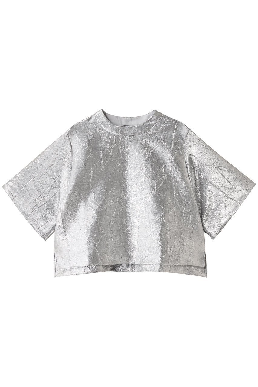 【ティーチ/TEECHI】のメタリックジャカードトップス 人気、トレンドファッション・服の通販 founy(ファニー) 　ファッション　Fashion　レディースファッション　Fashion for Women　トップス・カットソー　Cut & Sew Tops　シャツ・ブラウス・オフィスカジュアル　Elegant Blouses & Button-Ups　ロングTシャツ・Tシャツ　Longline T-Shirts & Tees　カットソー・ベーシックTシャツ　Cut-and-Sewn Tops / Stretch Tees & Basics　ショート　Short, Short Length　シンプル　Simple, Minimal　ジャカード／ジャガード　Jacquard, Woven Pattern　スリーブ　Sleeve, Long Sleeve / Short Sleeve　メタリック　Metallic, Shiny Finish　ワッシャー　Washer, Crinkled Finish　 other-1|ID: prp329100004485288 ipo3291000000035891318