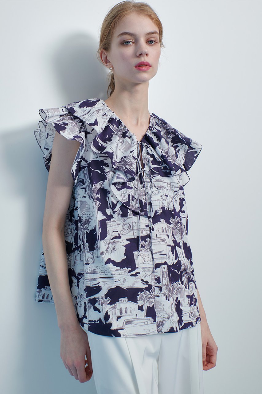 【アルアバイル/allureville】の【LOULOU WILLOUGHBY】サマーナイトプリントフリルブラウス 人気、トレンドファッション・服の通販 founy(ファニー) 　ファッション　Fashion　レディースファッション　Fashion for Women　トップス・カットソー　Cut & Sew Tops　シャツ・ブラウス・オフィスカジュアル　Elegant Blouses & Button-Ups　ショート　Short, Short Length　スリーブ　Sleeve, Long Sleeve / Short Sleeve　フェミニン　Feminine, Girly　フリル　Frill, Ruffle　プリント　Print, Printed Pattern　リゾート　Resort, Vacation Style　再入荷　Restock / Back in Stock　手描き　Hand-Drawn, Illustrated　other-7|ID: prp329100004486899 ipo3291000000032707267