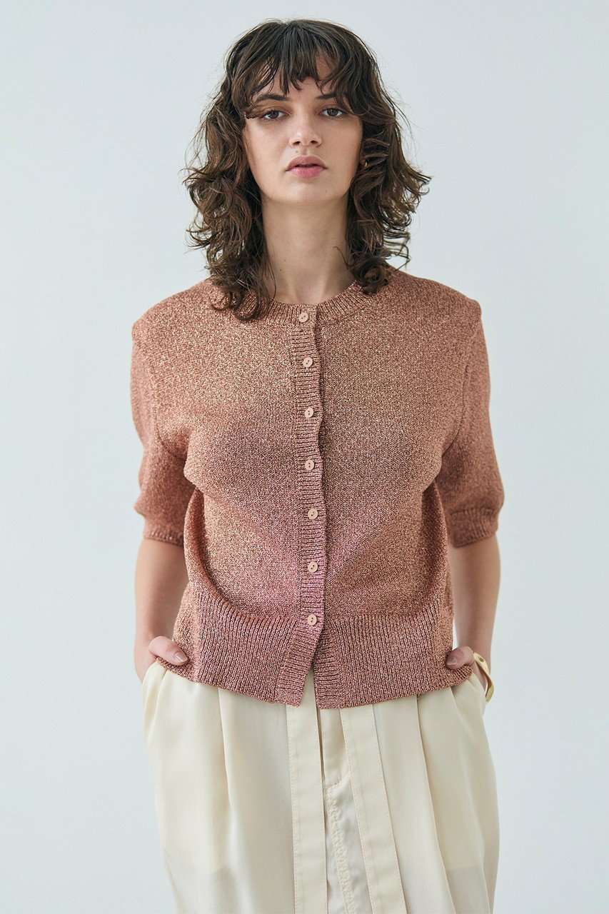 【ベイジ,/BEIGE,】のVANDA(バンダ)/ラメ入りクルーネック半袖カーディガン 人気、トレンドファッション・服の通販 founy(ファニー) 　ファッション　Fashion　レディースファッション　Fashion for Women　トップス・カットソー　Cut & Sew Tops　ニット　Knit Tops & Sweaters　カーディガン・羽織り　Layered Style Cardigans　カジュアルプルオーバー・ニットトップス　Pullovers & Knit Tops / Casual Pullovers　おすすめ　Recommended / Our Picks　カーディガン　Cardigan, Knitwear　コンパクト　Compact, Small Size　トレンド　Trend, Trending Now　フロント　Front, Front Design　ボトム　Bottoms, Lower Wear　ワイド　Wide, Wide Fit　エレガント 上品　Elegant　半袖　Short Sleeve, Half Sleeve　other-7|ID: prp329100004486986 ipo3291000000032929043