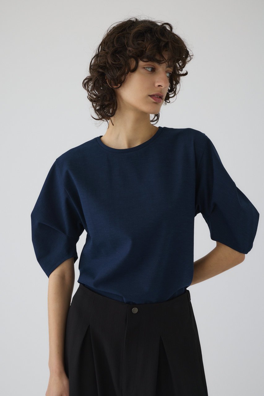 【リムアーク/RIM.ARK】のTuck sleeve design cut tops/トップス インテリア・キッズ・メンズ・レディースファッション・服の通販 founy(ファニー) 　ファッション　Fashion　レディースファッション　Fashion for Women　トップス・カットソー　Cut & Sew Tops　シャツ・ブラウス・オフィスカジュアル　Elegant Blouses & Button-Ups　ロングTシャツ・Tシャツ　Longline T-Shirts & Tees　カットソー・ベーシックTシャツ　Cut-and-Sewn Tops / Stretch Tees & Basics　おすすめ　Recommended / Our Picks　ショート　Short, Short Length　ストレッチ　Stretch, Stretchy Fabric　スリーブ　Sleeve, Long Sleeve / Short Sleeve　ネップ　Nepp, Slub Yarn　リネン　Linen, Linen Fabric　ワーク　Workwear, Utility Style　ネイビー|ID: prp329100004488904 ipo3291000000032888701