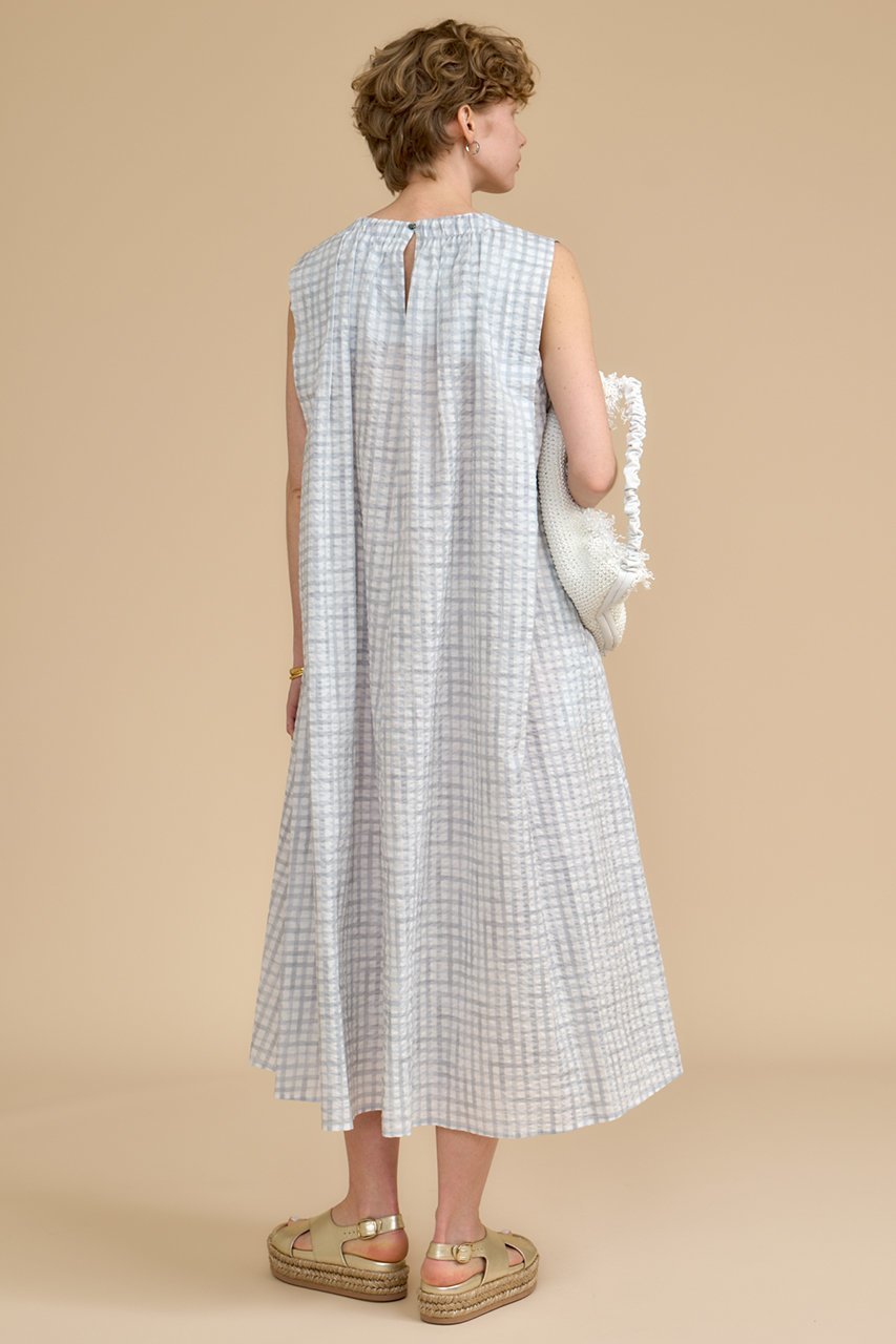 【ハウス オブ ロータス/HOUSE OF LOTUS】のサッカーギンガムチェックワンピース 人気、トレンドファッション・服の通販 founy(ファニー) 　ファッション　Fashion　レディースファッション　Fashion for Women　ワンピース　Dresses　チュニック　Tunic Tops & Dresses　ギャザー　Gathered, Ruffled　シンプル　Simple, Minimal　チェック　Check, Plaid, Tartan　チュニック　Tunic, Long Top　フロント　Front, Front Design　プリント　Print, Printed Pattern　ロング　Long, Long-Length　再入荷　Restock / Back in Stock　夏　Summer　other-3|ID: prp329100004493339 ipo3291000000032806656