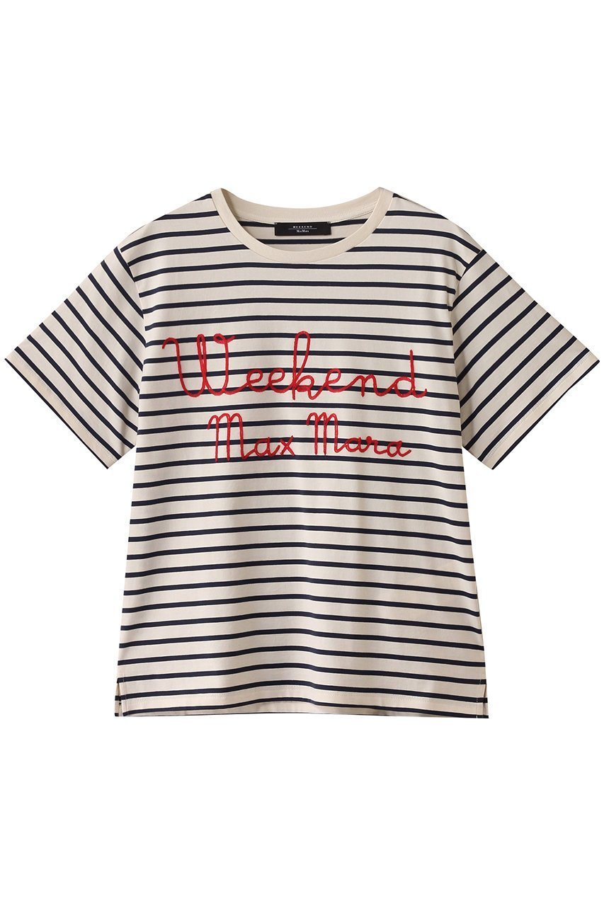 【マックスマーラ/Max Mara】の【Weekend Max Mara】OLGA ジャージーコットンロゴTシャツ インテリア・キッズ・メンズ・レディースファッション・服の通販 founy(ファニー) 　ファッション　Fashion　レディースファッション　Fashion for Women　トップス・カットソー　Cut & Sew Tops　シャツ・ブラウス・オフィスカジュアル　Elegant Blouses & Button-Ups　ロングTシャツ・Tシャツ　Longline T-Shirts & Tees　カットソー・ベーシックTシャツ　Cut-and-Sewn Tops / Stretch Tees & Basics　グラフィック　Graphic, Graphic Design　ショート　Short, Short Length　ストレート　Straight, Straight Cut　スリーブ　Sleeve, Long Sleeve / Short Sleeve　バランス　Balance, Style Balance　フロント　Front, Front Design　ボトム　Bottoms, Lower Wear　モチーフ　Motif, Design Theme　ネイビーロゴ|ID: prp329100004493410 ipo3291000000032853473