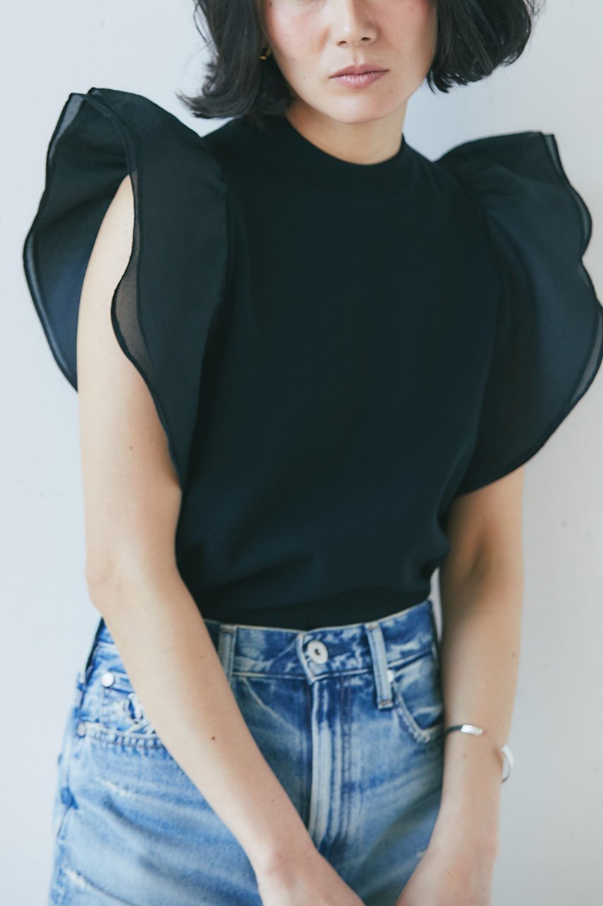 【ジェイドット/j.】のリネン混シアースリーブトップス 人気、トレンドファッション・服の通販 founy(ファニー) 　ファッション　Fashion　レディースファッション　WOMEN　トップス・カットソー　Tops/Tshirt　シャツ/ブラウス　Shirts/Blouses　ロング / Tシャツ　T-Shirts　カットソー　Cut and Sewn　サマー　Summer　ショート　Short　スリーブ　Sleeve　センター　Center　デニム　Denim　フリル　Frills　リネン　Linen　夏　Summer　other-6|ID: prp329100004493417 ipo3291000000031804508