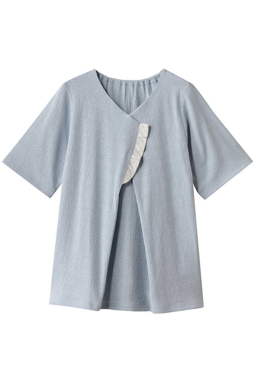 【キッドブルー/KID BLUE】の梨地JQトップス インテリア・キッズ・メンズ・レディースファッション・服の通販 founy(ファニー) 　ファッション　Fashion　レディースファッション　Fashion for Women　トップス・カットソー　Cut & Sew Tops　おすすめ　Recommended / Our Picks　お家時間・ステイホーム　Stay Home / At Home　セットアップ　Set-Up, Coordinated Outfit　パジャマ　Pajamas, Sleepwear　フリル　Frill, Ruffle　フロント　Front, Front Design　リラックス　Relax, Relaxed Fit　サックス|ID: prp329100004499300 ipo3291000000032833737
