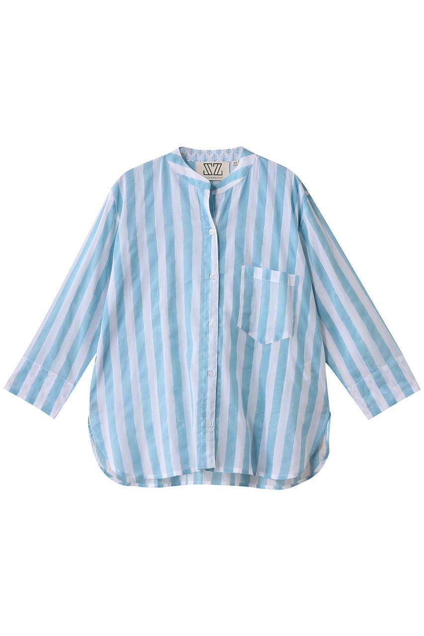 【エスゼット ブロックプリント/SZ Blockprints】のGURU TOP THICK STRIPE ノーカラーシャツ インテリア・キッズ・メンズ・レディースファッション・服の通販 founy(ファニー) 　ファッション　Fashion　レディースファッション　Fashion for Women　トップス・カットソー　Cut & Sew Tops　シャツ・ブラウス・オフィスカジュアル　Elegant Blouses & Button-Ups　ストライプ　Stripe, Striped Pattern　スリーブ　Sleeve, Long Sleeve / Short Sleeve　センター　Center, Center Line　デニム　Denim, Jeans Material　フレア　Flare, Flared　ボトム　Bottoms, Lower Wear　ロング　Long, Long-Length　ワイド　Wide, Wide Fit　定番　Standard, Basic Item　春　Spring　ライトブルー|ID: prp329100004504571 ipo3291000000032909407