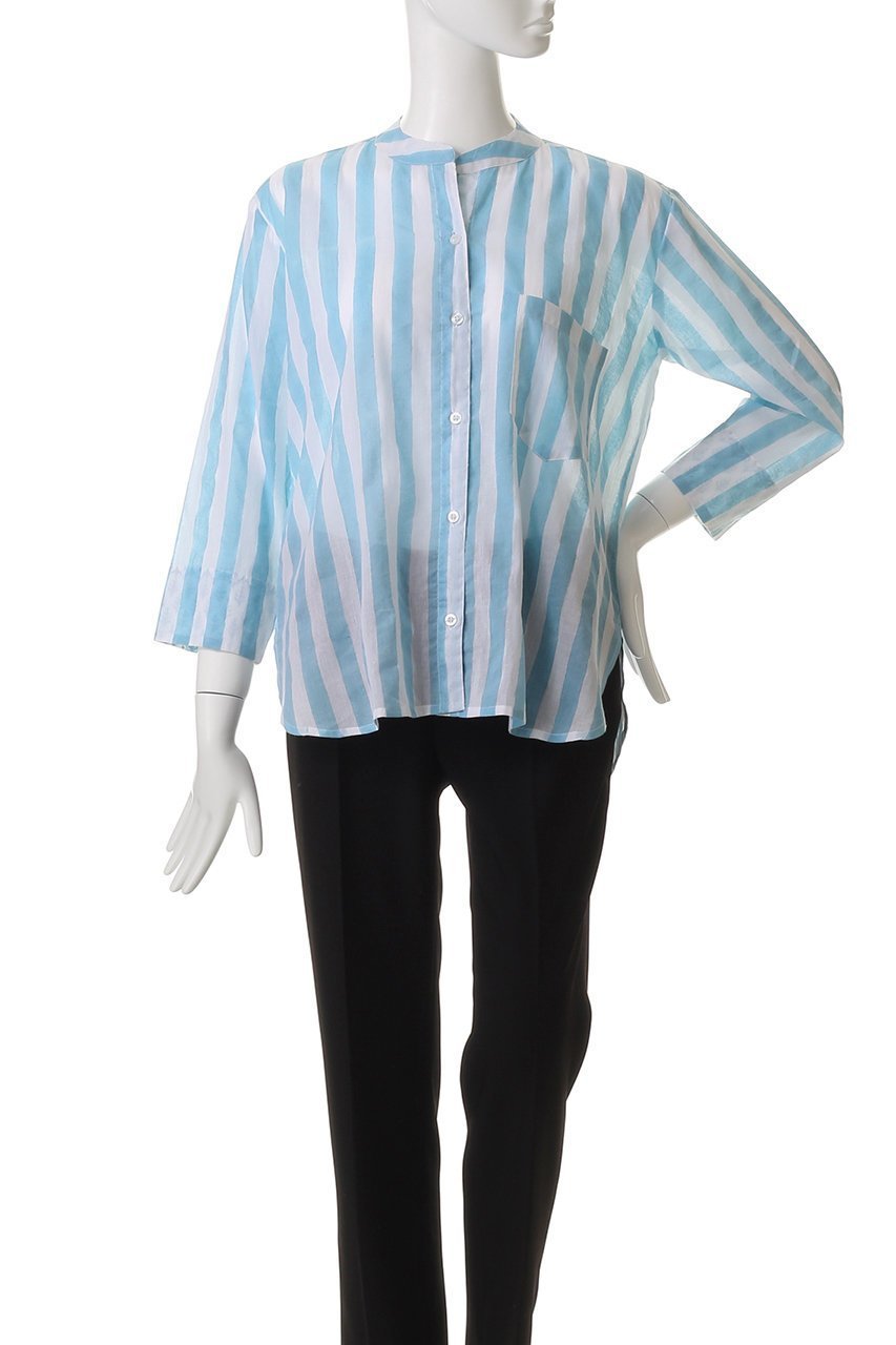 【エスゼット ブロックプリント/SZ Blockprints】のGURU TOP THICK STRIPE ノーカラーシャツ 人気、トレンドファッション・服の通販 founy(ファニー) 　ファッション　Fashion　レディースファッション　Fashion for Women　トップス・カットソー　Cut & Sew Tops　シャツ・ブラウス・オフィスカジュアル　Elegant Blouses & Button-Ups　ストライプ　Stripe, Striped Pattern　スリーブ　Sleeve, Long Sleeve / Short Sleeve　センター　Center, Center Line　デニム　Denim, Jeans Material　フレア　Flare, Flared　ボトム　Bottoms, Lower Wear　ロング　Long, Long-Length　ワイド　Wide, Wide Fit　定番　Standard, Basic Item　春　Spring　other-2|ID: prp329100004504571 ipo3291000000032909410