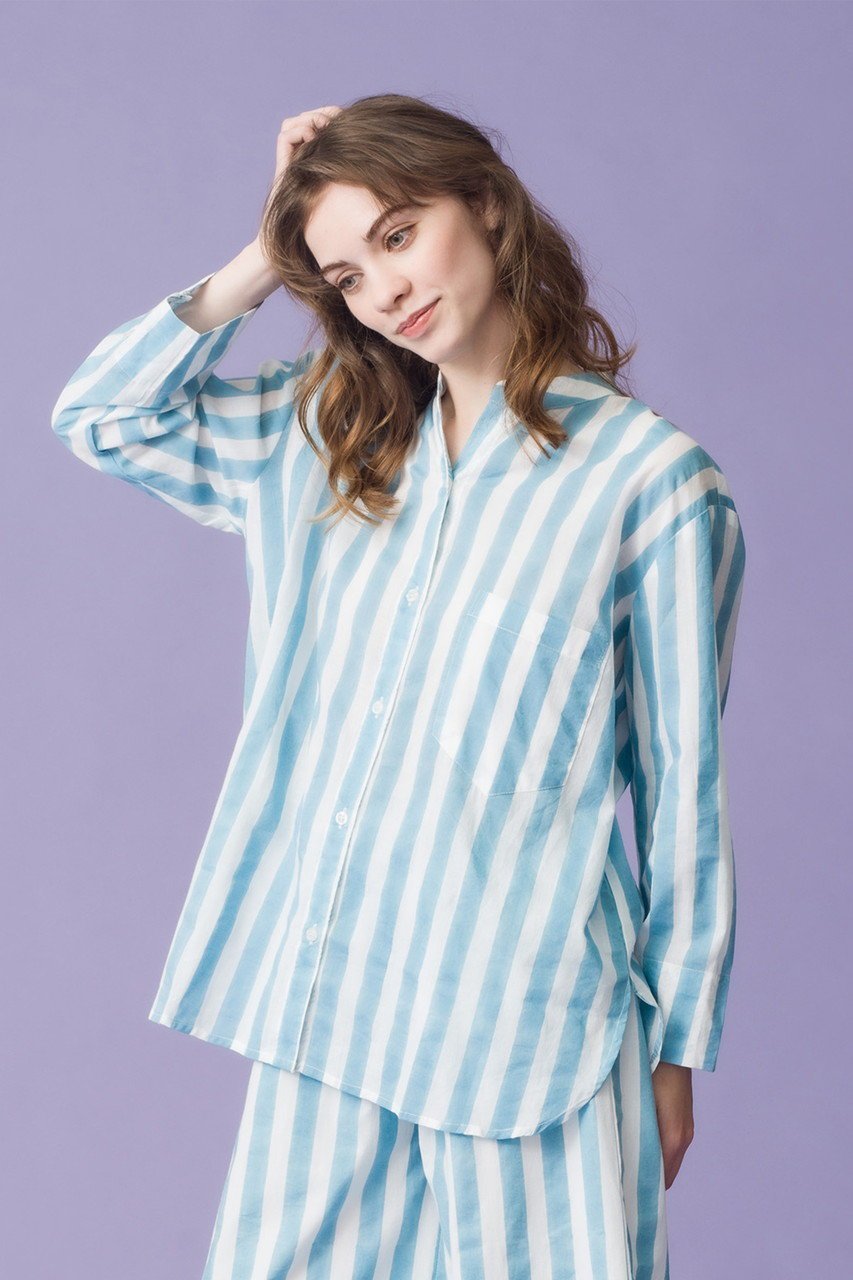 【エスゼット ブロックプリント/SZ Blockprints】のGURU TOP THICK STRIPE ノーカラーシャツ 人気、トレンドファッション・服の通販 founy(ファニー) 　ファッション　Fashion　レディースファッション　Fashion for Women　トップス・カットソー　Cut & Sew Tops　シャツ・ブラウス・オフィスカジュアル　Elegant Blouses & Button-Ups　ストライプ　Stripe, Striped Pattern　スリーブ　Sleeve, Long Sleeve / Short Sleeve　センター　Center, Center Line　デニム　Denim, Jeans Material　フレア　Flare, Flared　ボトム　Bottoms, Lower Wear　ロング　Long, Long-Length　ワイド　Wide, Wide Fit　定番　Standard, Basic Item　春　Spring　other-6|ID: prp329100004504571 ipo3291000000032909421