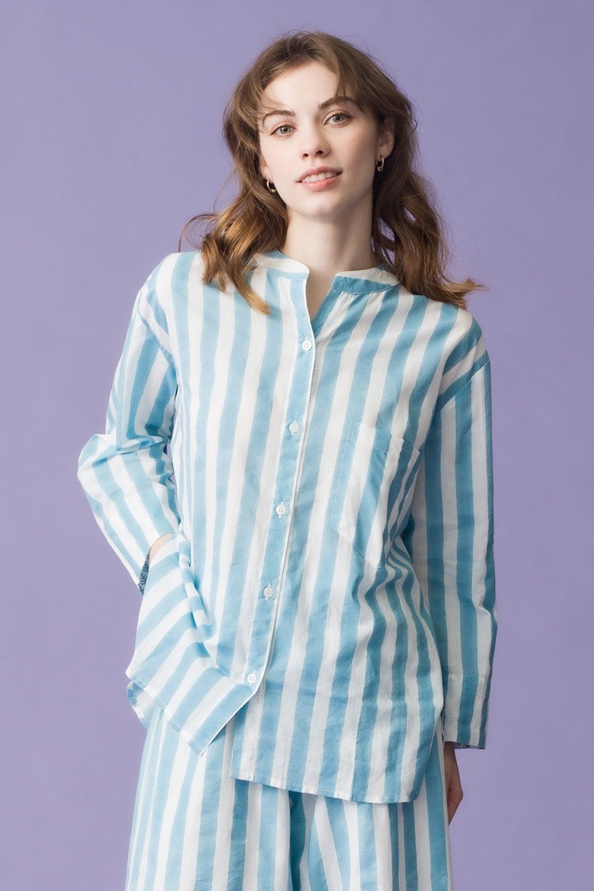 【エスゼット ブロックプリント/SZ Blockprints】のGURU TOP THICK STRIPE ノーカラーシャツ 人気、トレンドファッション・服の通販 founy(ファニー) 　ファッション　Fashion　レディースファッション　Fashion for Women　トップス・カットソー　Cut & Sew Tops　シャツ・ブラウス・オフィスカジュアル　Elegant Blouses & Button-Ups　ストライプ　Stripe, Striped Pattern　スリーブ　Sleeve, Long Sleeve / Short Sleeve　センター　Center, Center Line　デニム　Denim, Jeans Material　フレア　Flare, Flared　ボトム　Bottoms, Lower Wear　ロング　Long, Long-Length　ワイド　Wide, Wide Fit　定番　Standard, Basic Item　春　Spring　other-8|ID: prp329100004504571 ipo3291000000032909426