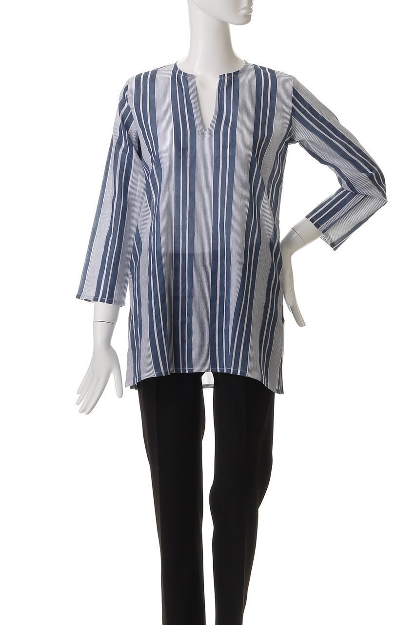 【エスゼット ブロックプリント/SZ Blockprints】のPRIMAVERA TUNIE SEASIDE STRIPE スキッパーチュニックブラウス 人気、トレンドファッション・服の通販 founy(ファニー) 　ファッション　Fashion　レディースファッション　Fashion for Women　トップス・カットソー　Cut & Sew Tops　シャツ・ブラウス・オフィスカジュアル　Elegant Blouses & Button-Ups　スタイリッシュ　Stylish, Fashionable　ストライプ　Stripe, Striped Pattern　スリット　Slit, Slit Detail　スリーブ　Sleeve, Long Sleeve / Short Sleeve　リゾート　Resort, Vacation Style　ロング　Long, Long-Length　other-2|ID: prp329100004504575 ipo3291000000032909504