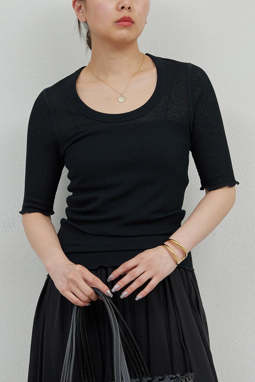 【ガリャルダガランテ/GALLARDAGALANTE】の【La nature linge】シアーワッフルTee インテリア・キッズ・メンズ・レディースファッション・服の通販 founy(ファニー) 　ファッション　Fashion　レディースファッション　Fashion for Women　トップス・カットソー　Cut & Sew Tops　シャツ・ブラウス・オフィスカジュアル　Elegant Blouses & Button-Ups　ロングTシャツ・Tシャツ　Longline T-Shirts & Tees　カットソー・ベーシックTシャツ　Cut-and-Sewn Tops / Stretch Tees & Basics　インナー　Innerwear　コンパクト　Compact, Small Size　ショート　Short, Short Length　ジャケット　Jacket, Outerwear　スリーブ　Sleeve, Long Sleeve / Short Sleeve　フィット　Fit, Slim Fit　ラウンド　Round, Round Neck　ワッフル　Waffle, Waffle Knit　ブラック|ID: prp329100004506021 ipo3291000000032810738