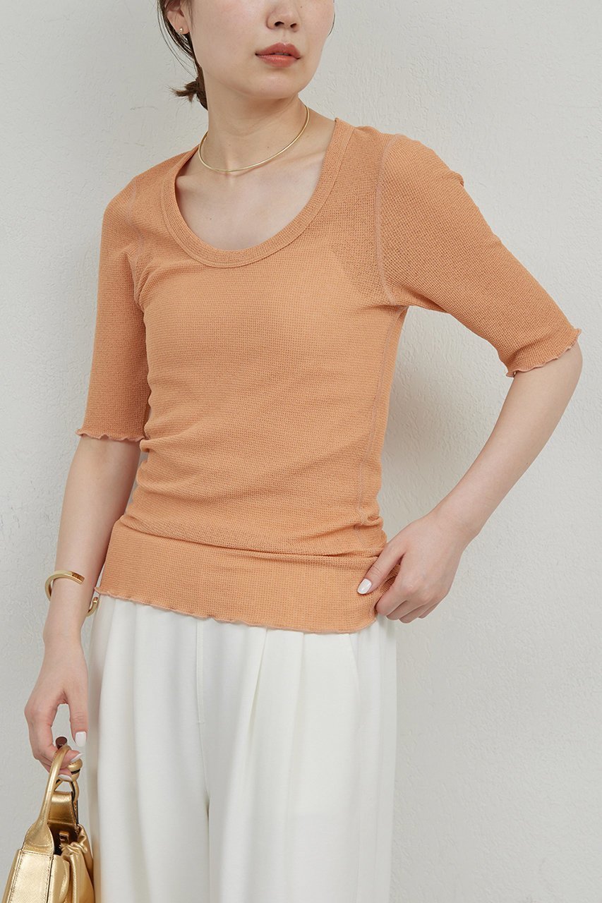 【ガリャルダガランテ/GALLARDAGALANTE】の【La nature linge】シアーワッフルTee インテリア・キッズ・メンズ・レディースファッション・服の通販 founy(ファニー) 　ファッション　Fashion　レディースファッション　Fashion for Women　トップス・カットソー　Cut & Sew Tops　シャツ・ブラウス・オフィスカジュアル　Elegant Blouses & Button-Ups　ロングTシャツ・Tシャツ　Longline T-Shirts & Tees　カットソー・ベーシックTシャツ　Cut-and-Sewn Tops / Stretch Tees & Basics　インナー　Innerwear　コンパクト　Compact, Small Size　ショート　Short, Short Length　ジャケット　Jacket, Outerwear　スリーブ　Sleeve, Long Sleeve / Short Sleeve　フィット　Fit, Slim Fit　ラウンド　Round, Round Neck　ワッフル　Waffle, Waffle Knit　オレンジ|ID: prp329100004506021 ipo3291000000032810739