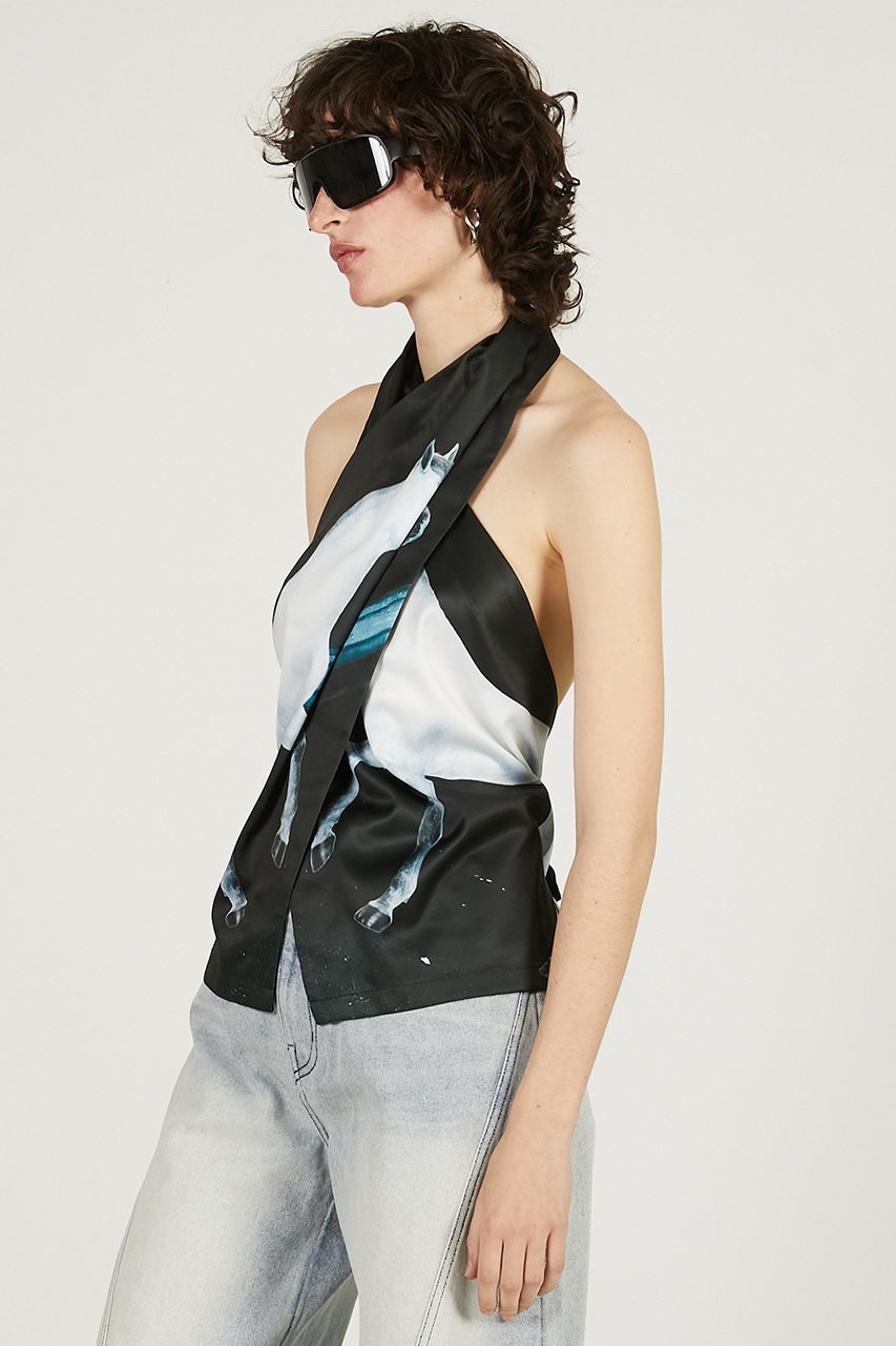 【プランク プロジェクト/PRANK PROJECT】のホースプリントクロスホルタートップ / Horse Print Cloth Halter Top 人気、トレンドファッション・服の通販 founy(ファニー) 　ファッション　Fashion　レディースファッション　Fashion for Women　トップス・カットソー　Cut & Sew Tops　キャミソール&ノースリーブ　Camisoles & Sleeveless Tops　シャツ・ブラウス・オフィスカジュアル　Elegant Blouses & Button-Ups　ロングTシャツ・Tシャツ　Longline T-Shirts & Tees　カットソー・ベーシックTシャツ　Cut-and-Sewn Tops / Stretch Tees & Basics　キャミソール　Camisole, Spaghetti Strap Top　サテン　Satin, Glossy Fabric　スカーフ　Scarf, Neckwear　タンク　Tank Top, Sleeveless Top　プリント　Print, Printed Pattern　ラップ　Wrap, Wrap Design　other-6|ID: prp329100004507848 ipo3291000000032844352