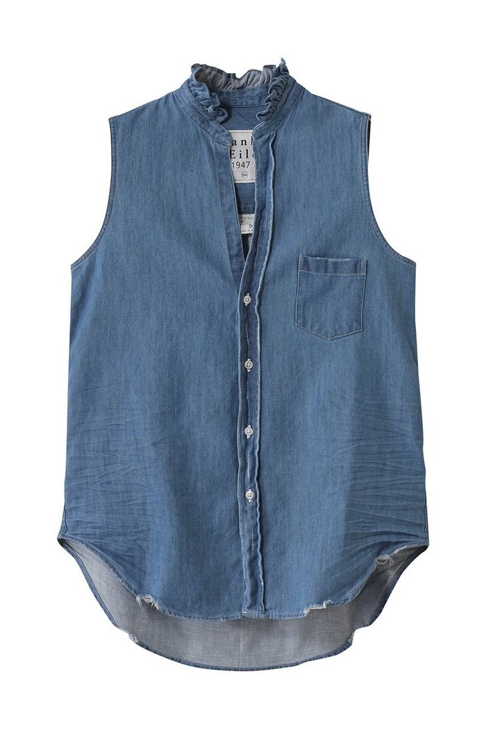 【フランク&アイリーン/Frank&Eileen】のRUFFLE FIONA フェイマスデニム フリルカラー スリーブレスシャツ インテリア・キッズ・メンズ・レディースファッション・服の通販 founy(ファニー) https://founy.com/ ファッション Fashion レディースファッション Fashion for Women トップス・カットソー Cut & Sew Tops キャミソール&ノースリーブ Camisoles & Sleeveless Tops シャツ・ブラウス・オフィスカジュアル Elegant Blouses & Button-Ups サマー Summer, Summer Style ダメージ Distressed, Destroyed デニム Denim, Jeans Material ノースリーブ Sleeveless, No-Sleeve フォルム Silhouette, Form フリル Frill, Ruffle 今季 This Season, Current Season |ID: prp329100004507930 ipo3291000000036003551