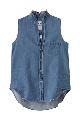 【フランク&アイリーン/Frank&Eileen】 RUFFLE FIONA フェイマスデニム フリルカラー スリーブレスシャツ人気、トレンドファッション・服の通販 founy(ファニー) ファッション Fashion レディースファッション Fashion for Women トップス・カットソー Cut & Sew Tops キャミソール&ノースリーブ Camisoles & Sleeveless Tops シャツ・ブラウス・オフィスカジュアル Elegant Blouses & Button-Ups サマー Summer, Summer Style ダメージ Distressed, Destroyed デニム Denim, Jeans Material ノースリーブ Sleeveless, No-Sleeve フォルム Silhouette, Form フリル Frill, Ruffle 今季 This Season, Current Season |ID:prp329100004507930
